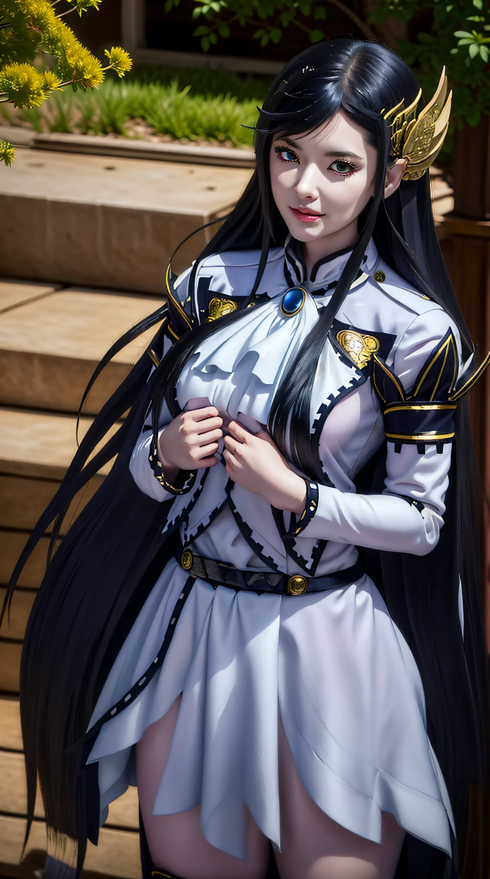 brunhilde from the anime record of ragnarok, long hair, black hair, green eyes, beautiful woman, very beautiful, perfect body, perfect breasts, tall body, standing, looking at the audience, smiling slightly wearing white clothes, masterpiece, textured leather, super detailed, high detail, high quality, best quality, 1080p, 16k