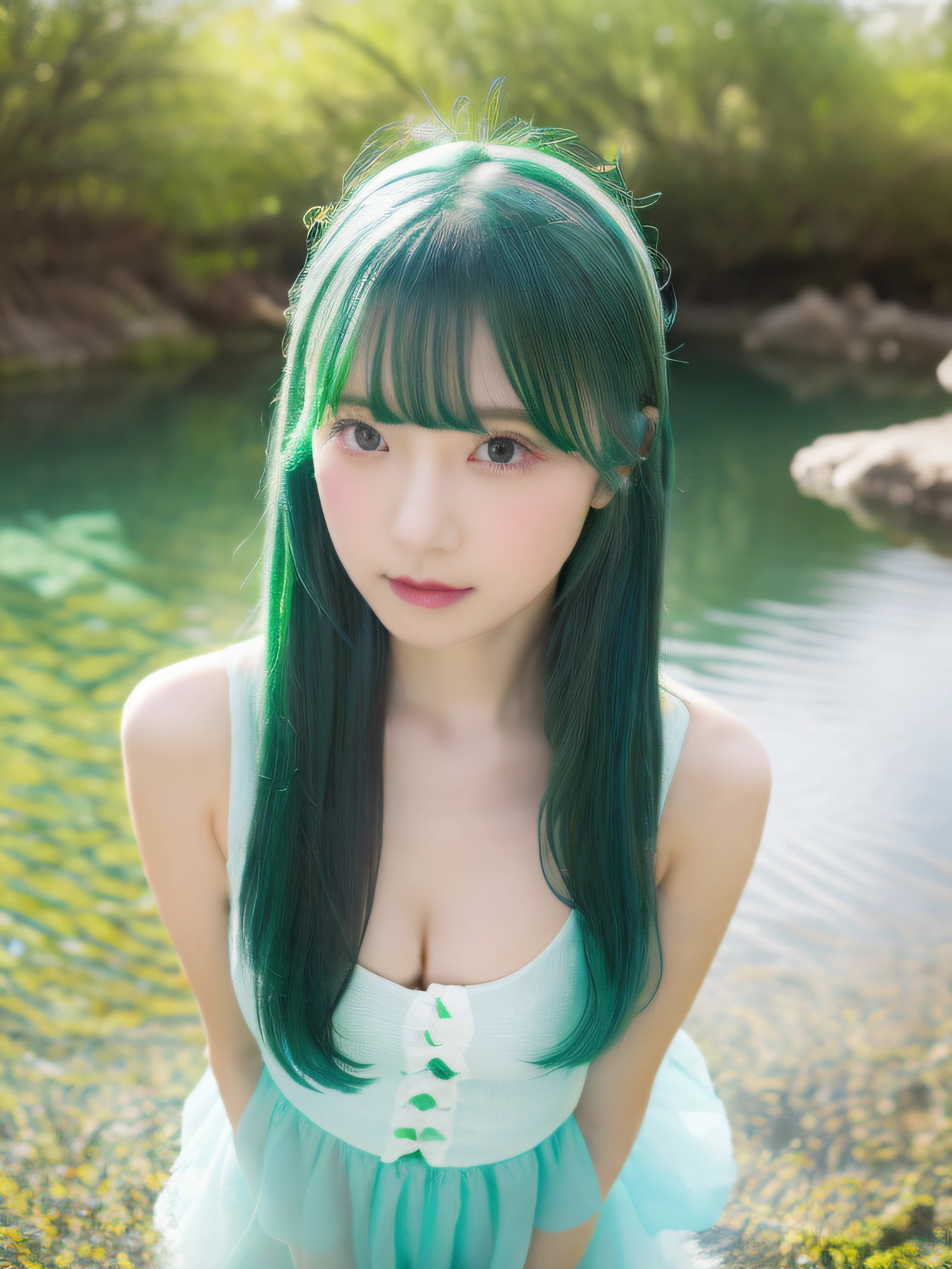 top-quality、8k picture、1girl in, Solo, Hair Ornament, Green hair, Twin-tailed, Long hair, Dress, Standing in clean water