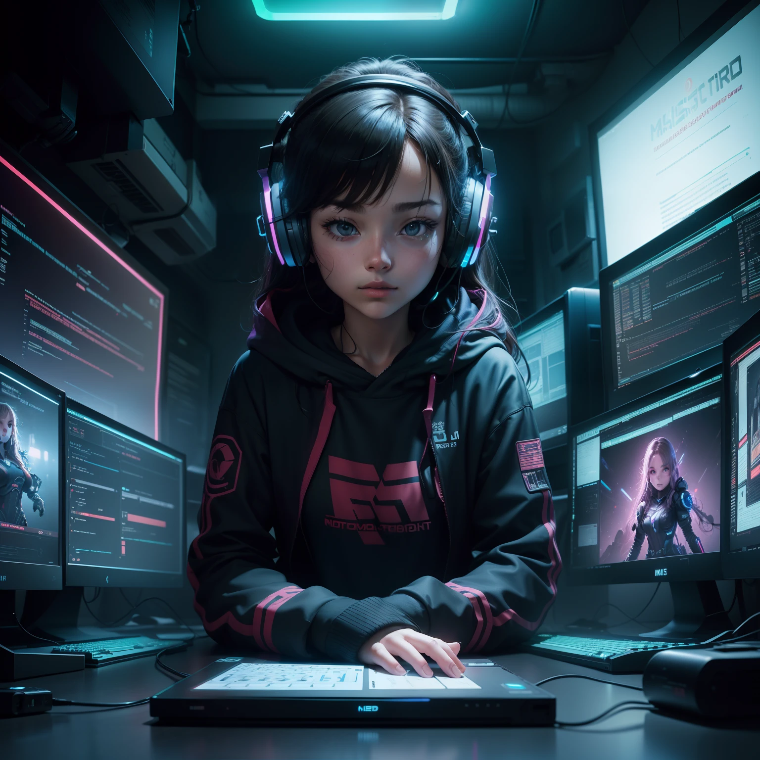 ((Masterpiece)), (((Best Quality)))), ((Illustration)), (Depth of Field: 1.2),Solo,Dynamic Angle,1 Girl,Hacker Beautiful 15 Years Old medium skin colored Girl, Indoors, Room, Dim Room, Sci-Fi, Neon, Neon Lights, Cyberpunk, Computer Room, Gaming Headphones, Computer Equipment, Ethical Hacker, Server Room Background, display lights, monitors, (LED monitors, surrounded by multiple display monitors: 1.5), gaming chair,  hair highlights, , light cyber clothes, energy drinks, cables, messy room, front, bottom, talking at camera
