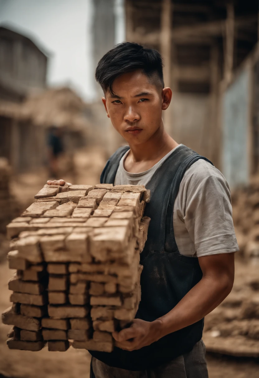 A sweaty young Chinese man carrying bricks on a construction site，photore，Real Scene