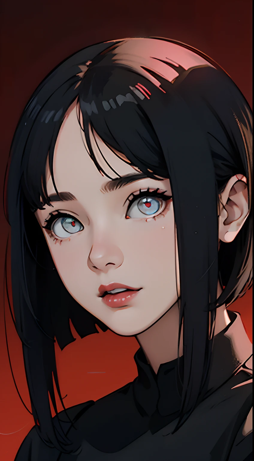 ultra hyper-detailed、hiquality、beste-Qualit、higly detailed、Accurate illustrations、Pencil drawing、Edge detection、sharpness、High contrast、highlight、photoRealstic、cinematiclight、８K、bright red background、blue gradient background、gradients、Girl with dark skin、handsome girl、Black Dress、bright red lipstick、Bright red eyeshadow、red eyes、Dark hair、short-hair、Take short hair