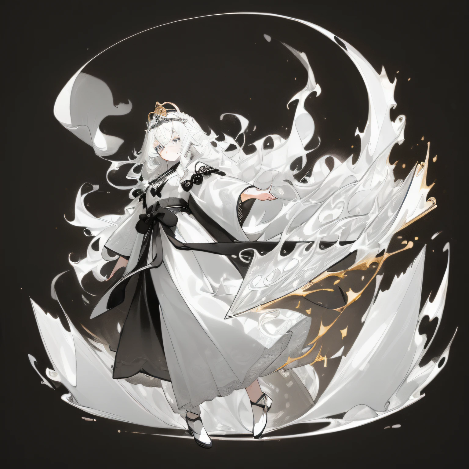 masterpiece, (best quality), Amazing, beautiful detailed eyes,((((1girl)))), finely detailed, Depth of field, extremely detailed CG unity 8k wallpaper,(((((full body))))),(((cute animal face))), (((a girl wears Clothes Black and white Taoist robes)))，((Extremely gorgeous magic style))，((((gold and silver lace)))),(((flowing lace))),(((flowing ((black)) and white background)))，(((((gorgeous detailed eyes))))),(((((((gorgeous detail face))))))),((floating hair)),(((Pick and dye black hair in white hair))),(((flowing transparent black))),(((flowing transparent white))),(((((ink))))),((((small breast)))),(((extremely detailed gorgeous tiara))),(((black and white hair))),((black hair stick)),((white hair ornament)),((gold gorgeous necklace)),((flowing hair))，(((The picture fills the canvas))),((The character is in the center of the frame)),(((flowing))),((bright pupils)),((((melt)))),(((((black and white melt)))))