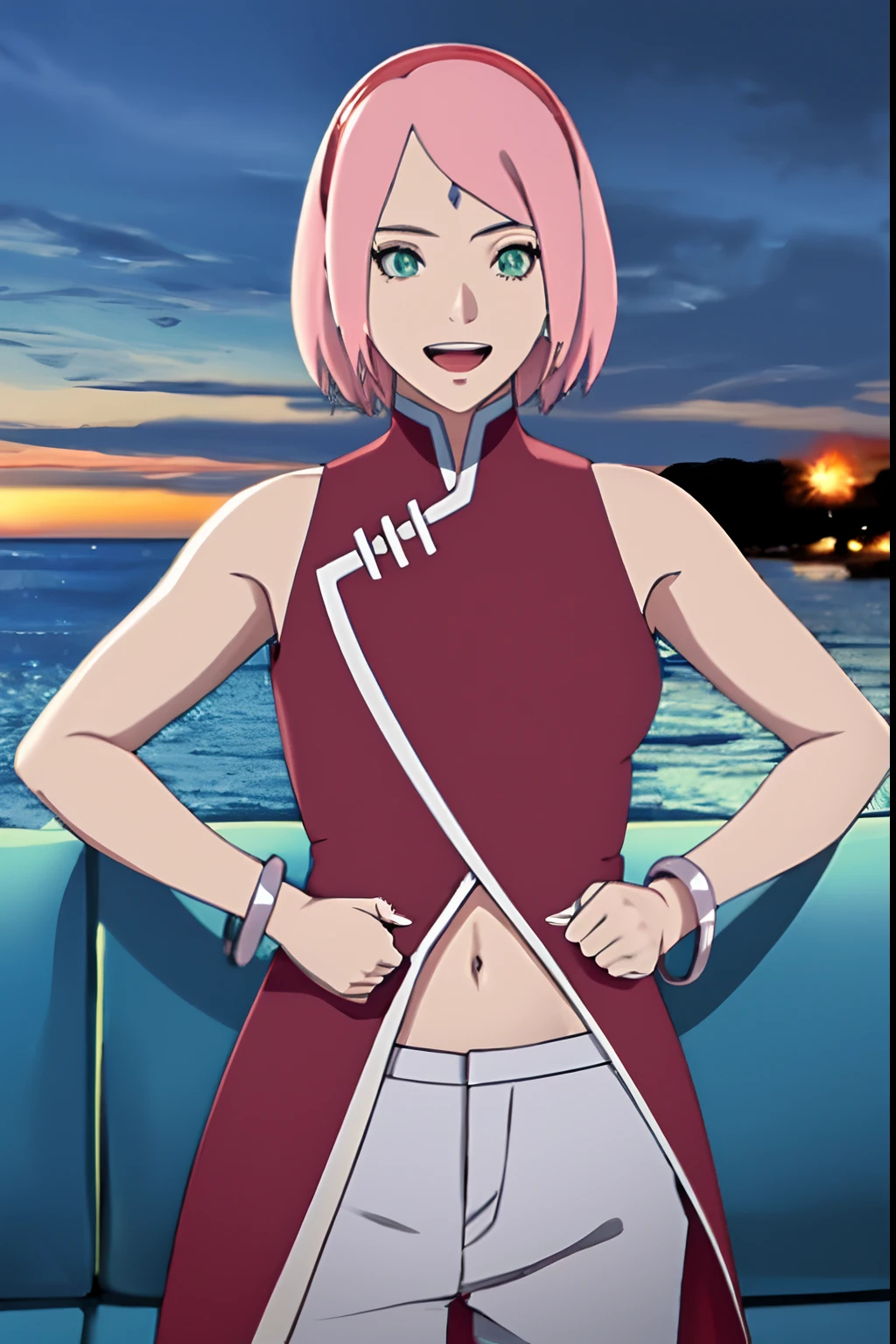 masterpiece, 4k, portrait, cowboy shot, (night), professional artwork, intricate details, colorful, digital blending, (ultra detailed body, ultra detail hair, ultra detail face), trending on pixiv, kind smile, best quality, anime style: 1.9, 1girl, hires, haruno sakura, (forehead mark, milf, red hairband, pale skin, (small breasts), short hair, ((red sleeveless dress,), white pants), ((navel, belly button), slender body, slender belly, bracelet, pink hair, open mouth, big eyes), smile, beach, wind, floating hair, detailed arms, off-shoulders, broad shoulders, (((both) hands spreading to both sides, (symmetrical arms))), fancy couch, relaxing, laying, talking, looking at the viewer)))