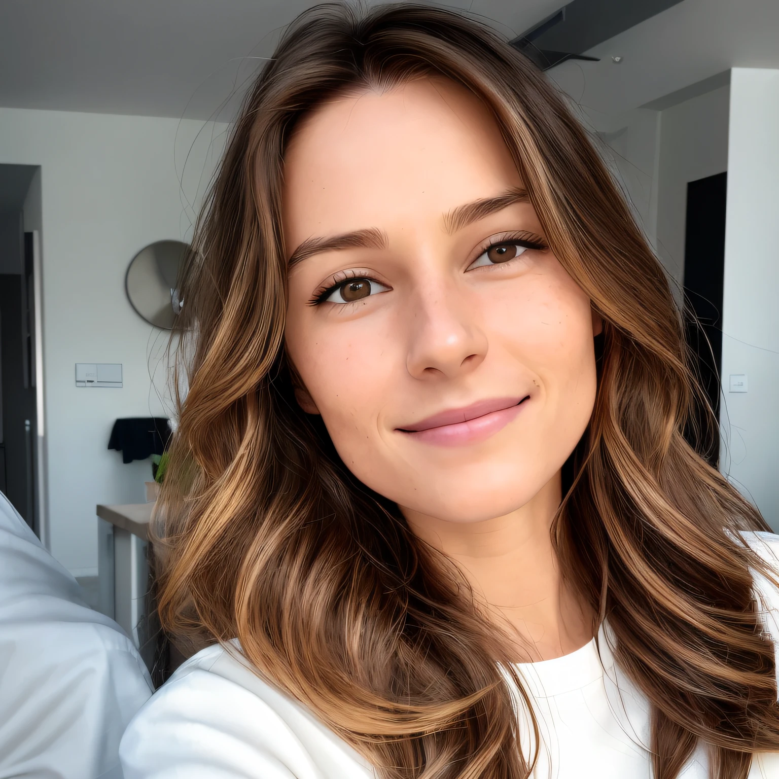 arafed woman with long brown hair and white shirt smiling, clean perfect symmetrical face, full - face close - up portrait, perfectly lit face, full face close up portrait, center parted brown hair, face with artgram, no makeup wavy hair, detailed perfect face, 30-year-old french woman, brunette with dyed blonde hair sitting in a cafe