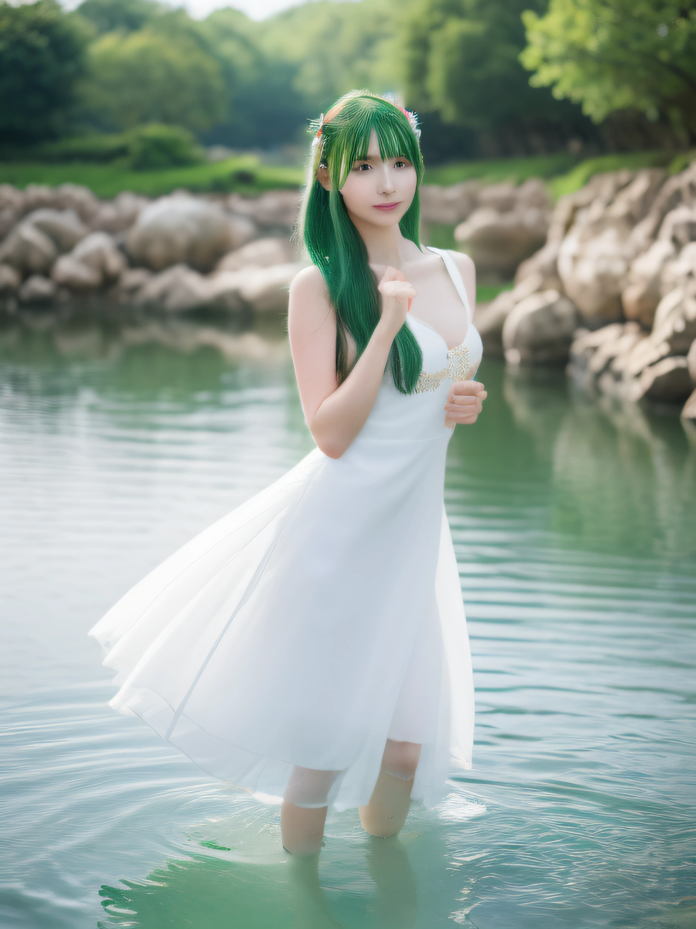 top-quality、8k picture、1girl in, Solo, Hair Ornament, Green hair, Twin-tailed, Long hair, Dress, Standing in clean water
