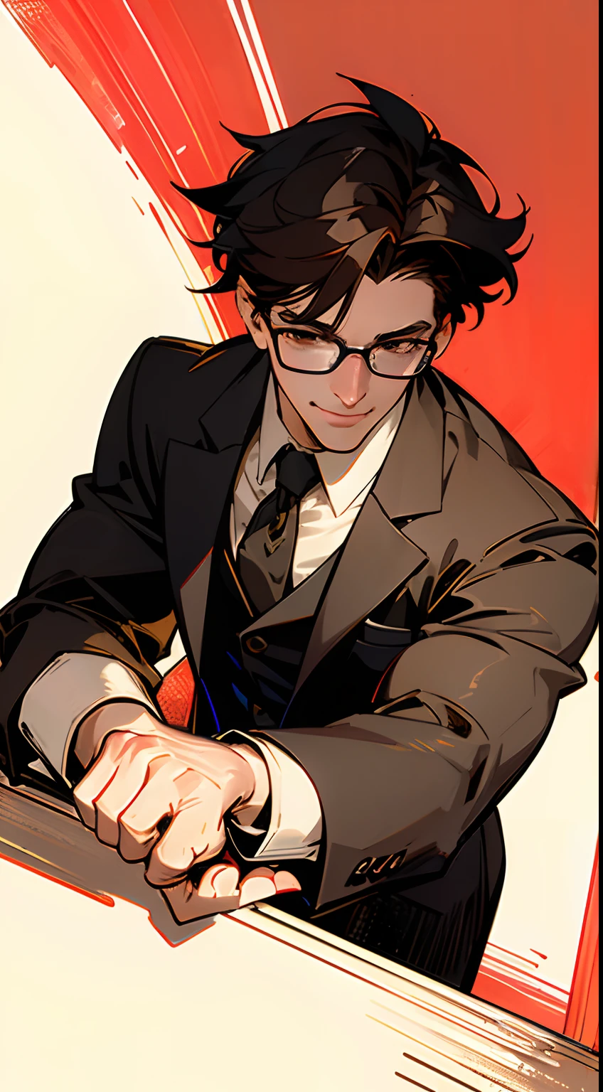 ((masterpiece,ultra-detailed, intricate details, best quality,illustration)),1man, solo, highres, looking at viewer, brown eyes, brunette, short hair, glasses, tall, cunning expression, smiling, beckoning, beckoning gesture, hand beckoning, wearing a suit, masculine, confident, dominant, powerful, handsome, attractive, in his 30s, strong jaw, clean face, detailed, vibrant colors, high contrast, dynamic lighting, realistic textures, illustration aesthetic