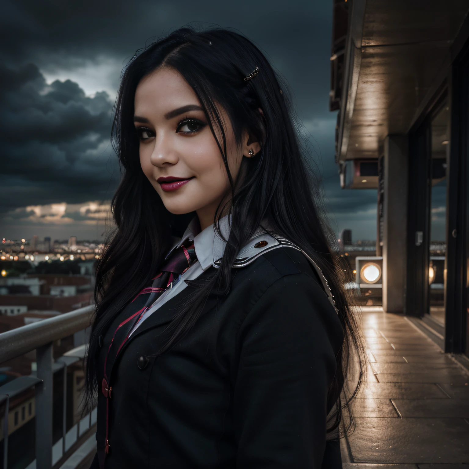 A beautiful girl, long black hair, wearing a goth schoolgirl uniform, looking at the viewer, smiling, wearing dark lipstick and soft eye makeup, egirl makeup, urban setting, outside, cloudy, dark atmosphere, (UHD, UHQ, realistic, best quality), studio lighting, instagram photo