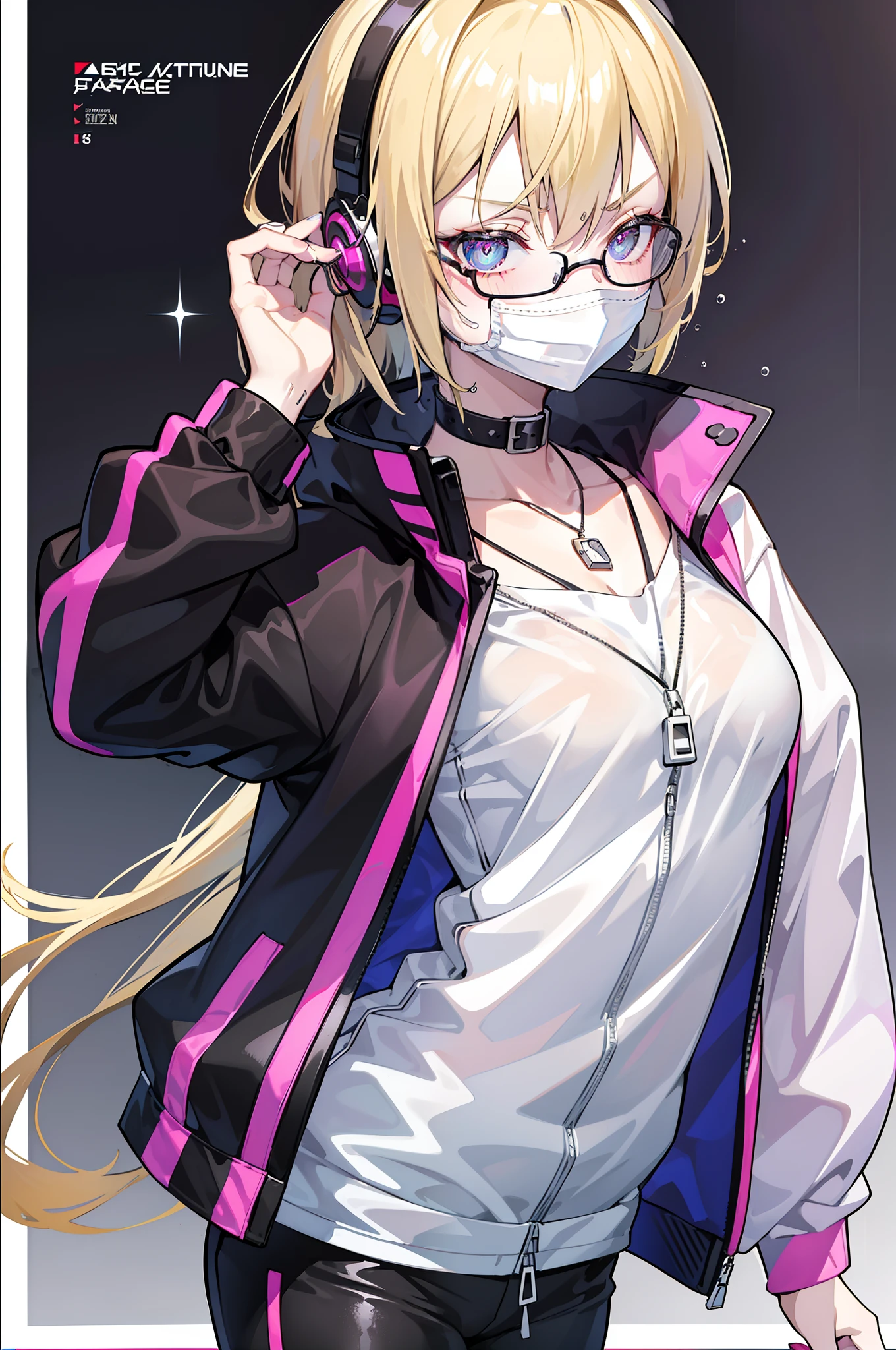 female gamer, ((wet thin white shirt, opened zip fashion wind breaker, hot pants, glasses, earring, necklace, blet, face mask, earphone, cute collar)), (idol charming aura, blur effect, bubble effect, black glowing pupil, arcade style make up, petite, blushing face, angry face, blonde color hair), (masterpieces, extreme body detail, high resolution, original character, best anime 16k wallpaper quality), club bar background, full body shot, poster, stylish text, fashion