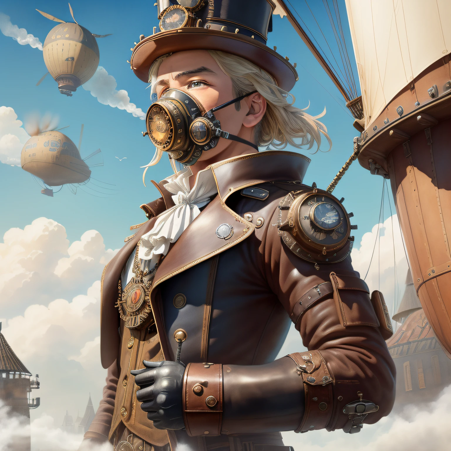 best light,Amazing,dream,((((detailed Steampunk)))),((Victorian era)),sunny,((clear sky)),(depth of field),Hopeful,((sketch)),((((Jiburi)))),((bright color)),(((flat color))),grand space,(((watercolor_(medium)))),(((ink))),(((masterpiece))),((extremely detailed CG unity 8k wallpaper)),((ultra-detailed)),(hometown),((man)),((chromatic aberration)),beautiful blue sky and white clouds, cinematic lighting,((caustic)),((((Floating airship above)))),((many gentlemen)),((Bird Mouth Gas Mask)),(Pocket watch),romanticism,(Science and Mysticism),((Gentleman's high hat)),((Leather riding boots)),(Leather coat),((Windbreaker)),((Motorcycle goggles)),(((Precision flight watch))),Mechanical arm,(((steam))),fantasy,(((gear))), (steam engine),Gothic architecture,wind,fog,Steam powered,(19th Century),machines,((lever drive)),steel,,rivet,(Heavy and slow),Grassland far away from the city,Utopia,The First Industrial Revolution,90s,steam whistle,Canvas wing,((Steam punk wings)),((windmill)),landspace,(hang glider),(Canvas propeller),Hot Air Balloon,Balloon,(Waving Flag),rope,Flying splashes,Dutch windmill,Gothic architecture,Close up focus,(Medieval manor),background,scenecy,kikai,(vapour),Wooden parts,magic,street