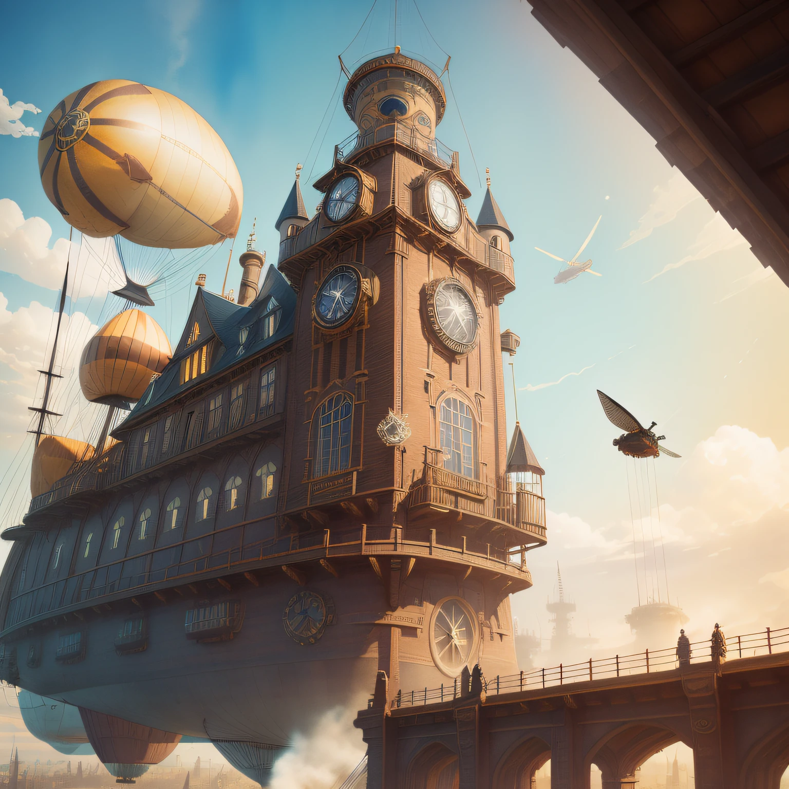 best light,Amazing,dream,((((detailed Steampunk)))),((Victorian era)),sunny,((clear sky)),(depth of field),Hopeful,((sketch)),((((Jiburi)))),((bright color)),(((flat color))),grand space,(((watercolor_(medium)))),(((ink))),(((masterpiece))),((extremely detailed CG unity 8k wallpaper)),((ultra-detailed)),(hometown),((man)),((chromatic aberration)),beautiful blue sky and white clouds, cinematic lighting,((caustic)),((((Floating airship above)))),((many gentlemen)),((Bird Mouth Gas Mask)),(Pocket watch),romanticism,(Science and Mysticism),((Gentleman's high hat)),((Leather riding boots)),(Leather coat),((Windbreaker)),((Motorcycle goggles)),(((Precision flight watch))),Mechanical arm,(((steam))),fantasy,(((gear))), (steam engine),Gothic architecture,wind,fog,Steam powered,(19th Century),machines,((lever drive)),steel,,rivet,(Heavy and slow),Grassland far away from the city,Utopia,The First Industrial Revolution,90s,steam whistle,Canvas wing,((Steam punk wings)),((windmill)),landspace,(hang glider),(Canvas propeller),Hot Air Balloon,Balloon,(Waving Flag),rope,Flying splashes,Dutch windmill,Gothic architecture,Close up focus,(Medieval manor),background,scenecy,kikai,(vapour),Wooden parts,magic,street