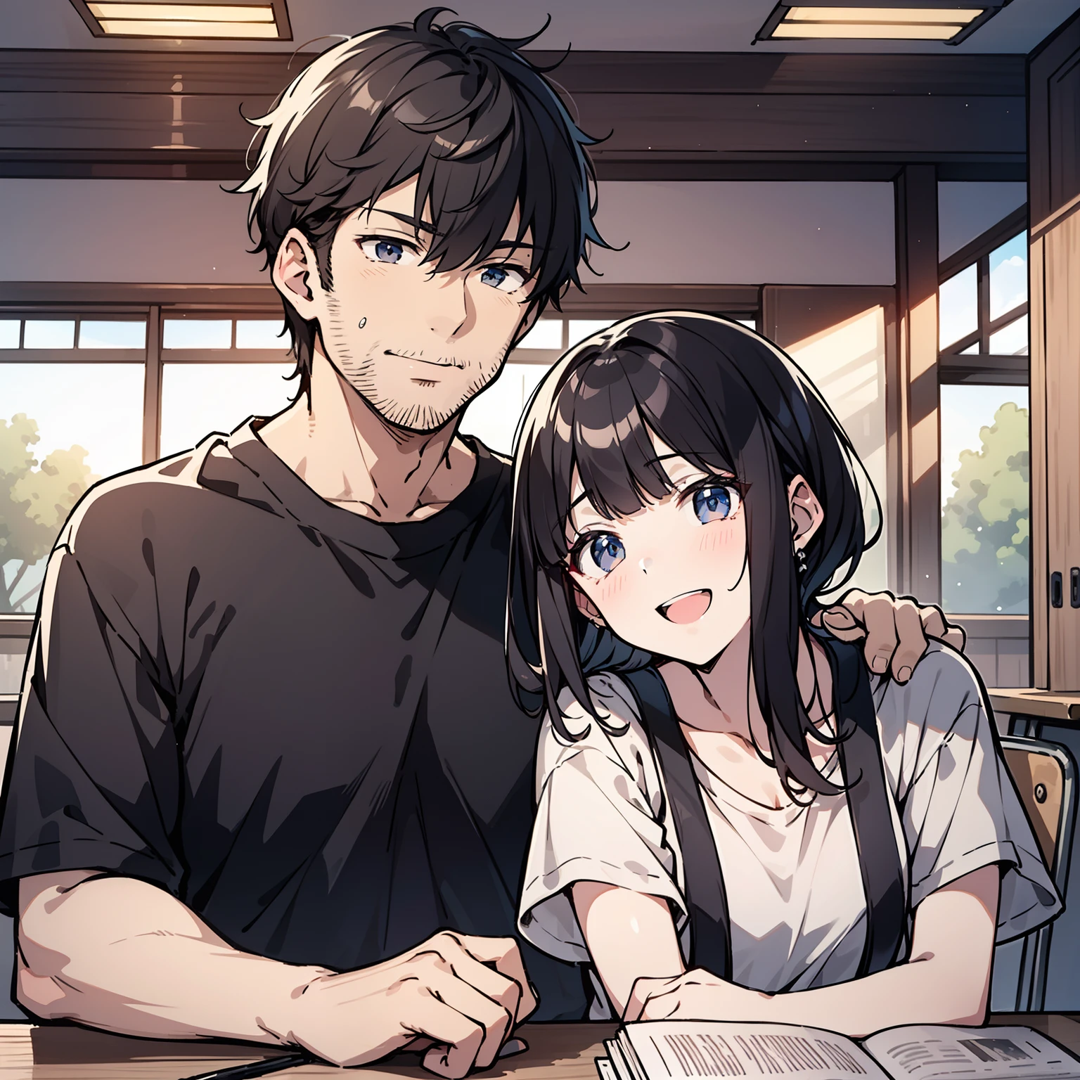 A middle-aged couple，Black hair 1.5，Wearing a white top1.5，The two stood side by side in the school（Open mouth 1.5）（smile1.5）（The background is in school：1.5），Anime style 4K，Anime rendering，style of anime，8K fineness，（Upper body display：1.5）（Cinematic lighting：1.5）Vicissitudes of middle-aged man 1.5（Wrinkle 1.5）