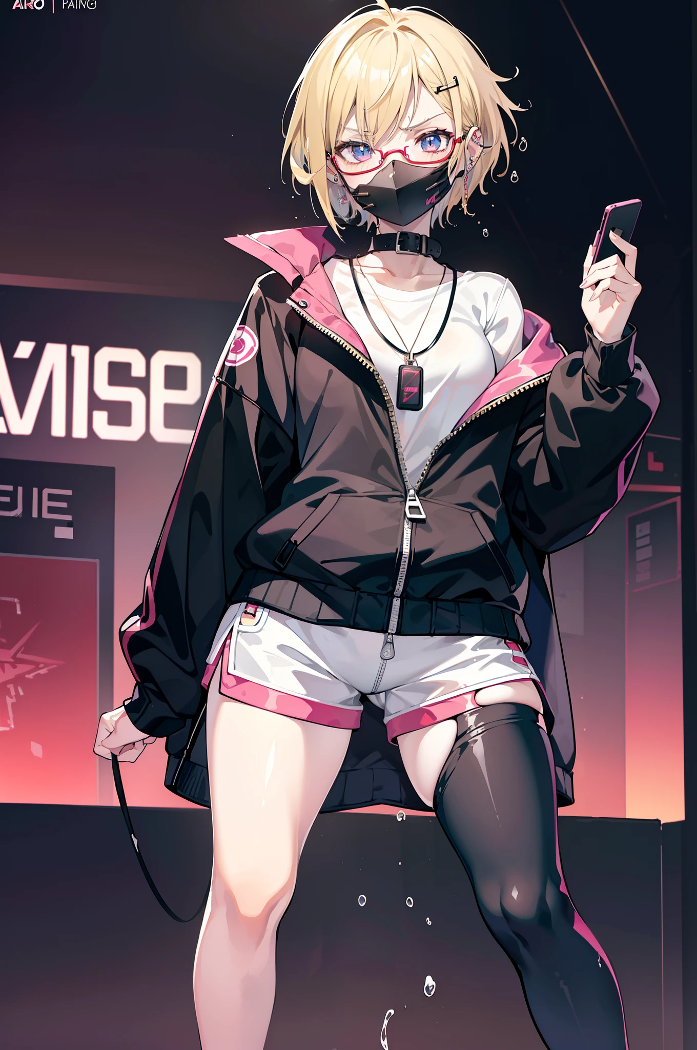 female gamer, ((wet thin white shirt, opened zip fashion wind breaker, hot pants, glasses, earring, necklace, blet, face mask, earphone, cute collar)), (idol charming aura, blur effect, bubble effect, black glowing pupil, arcade style make up, petite, blushing face, angry face, blonde color hair), (masterpieces, extreme body detail, high resolution, original character, best anime 16k wallpaper quality), club bar background, full body shot, poster, stylish text, fashion