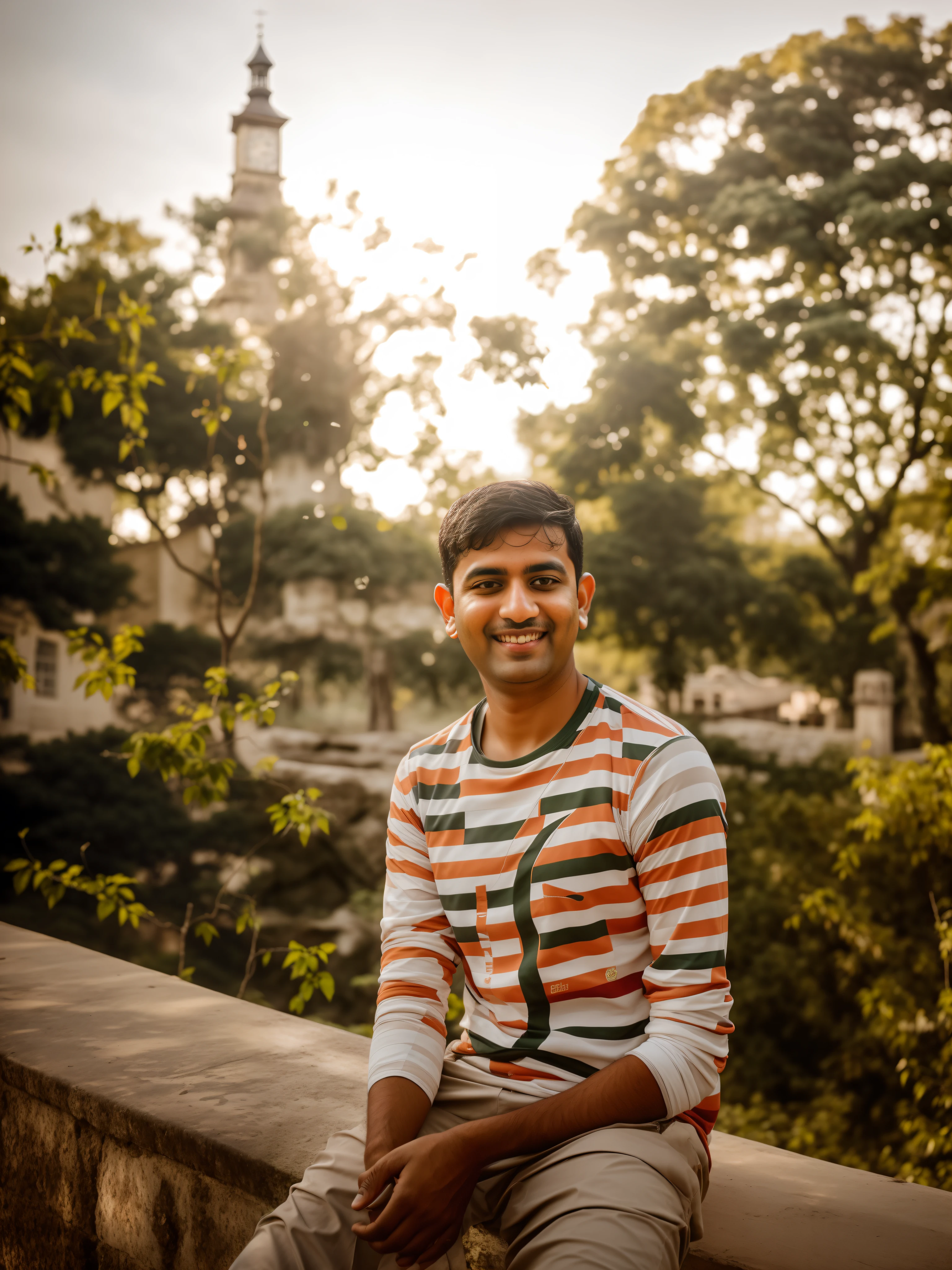 there is a man sitting on a wall with a clock tower in the background, very very low quality picture, in front of a forest background, candid picture, amidst nature, shot on nikon z9, very clear picture, with a beautifull smile, photograpgy, inspired by Saurabh Jethani, photo taken with canon 5d, casual photography