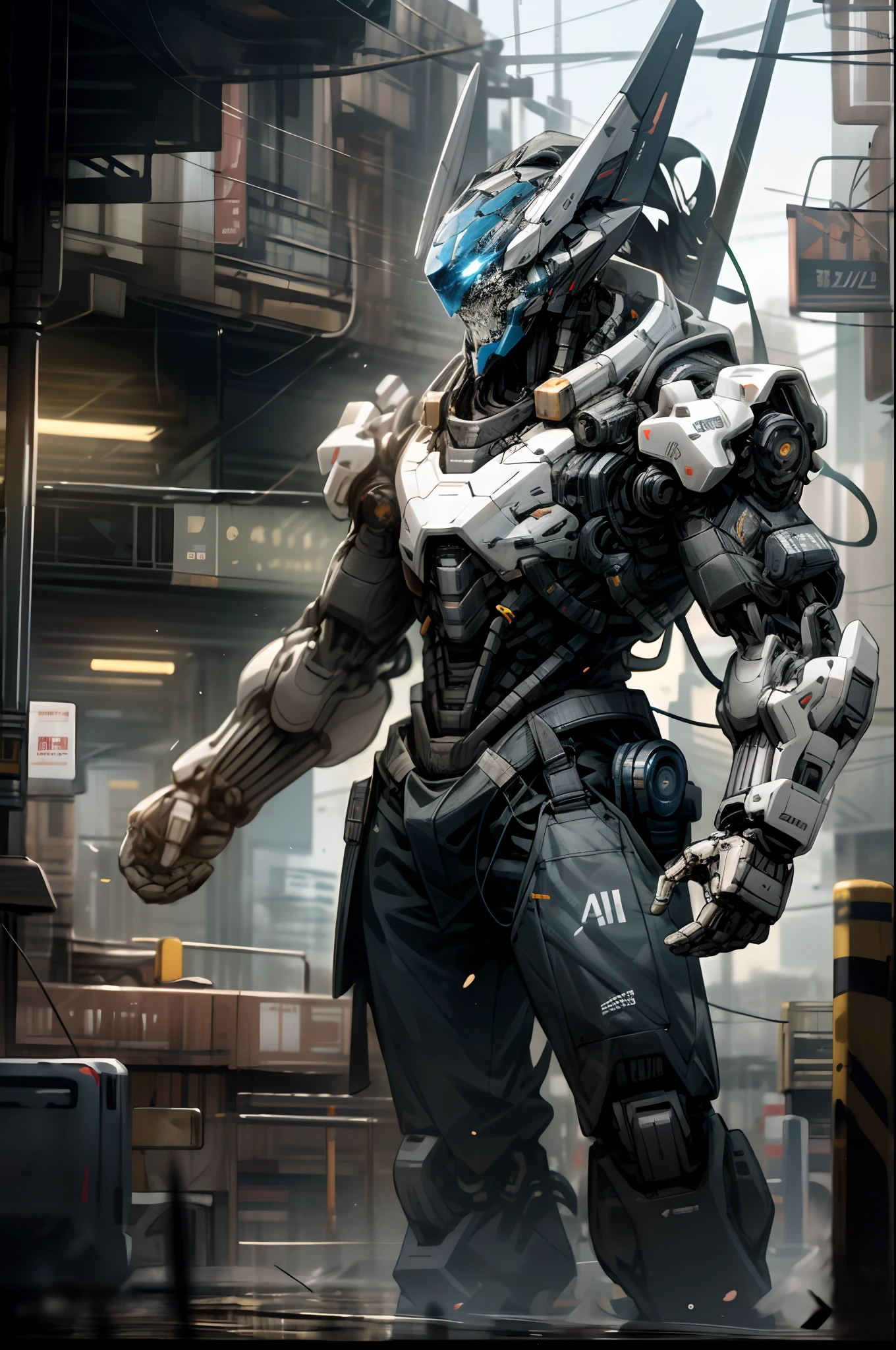Dark_fantasy,Cyberpunk, (Best quality, Masterpiece),White,1人,Mechanical Wonder,Robotic presence,cybernetic guardians,Wear a cybernetic jacket,City, highest quality digital art, stunning art, Wallpaper 4k, Highly detailed, military robot,Army, warzone,Black and white, highest quality digital art, stunning art, Wallpaper 4k,8K,64k, HD, Unbeatable masterpiece, Dynamic lighting, Cinematic, Epic, Damaged mechanical parts