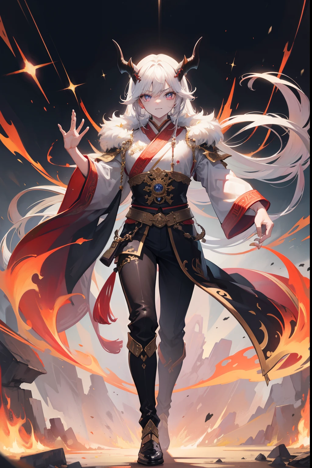 (masterpiece), best quality, expressive eyes, perfect face, sharp horns, ((humanoid)), human, (human form) , mystical creature , spirit, majestic nature, magic, aura, wuxia, transcending lights, full body (Highly detailed eyes), god, man, handsome, 22 years old, beautiful hands, ridges on horns, crazy smile, crazy eyes, menacing, insane, chaos incorporate, muscular face