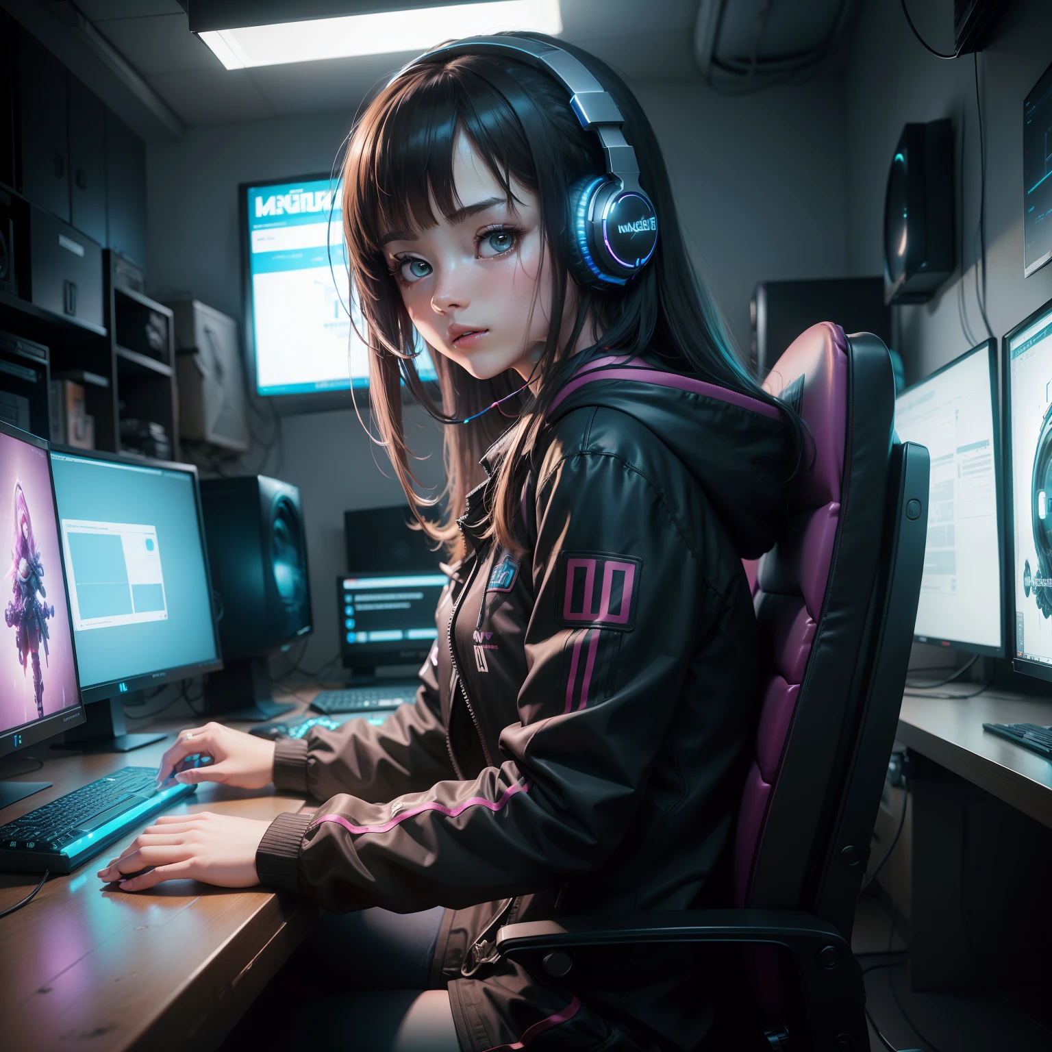 ((Masterpiece)), (((Best Quality)))), ((Illustration)), (Depth of Field: 1.2),Solo,Dynamic Angle,1 Girl,Hacker Beautiful medium skin colored Girl, Indoors, Room, Dim Room, Sci-Fi, Neon, Neon Lights, Cyberpunk, Computer Room, Gaming Headphones, Computer Equipment, Ethical Hacker, Server Room Background, display lights, monitors, (LED monitors, surrounded by multiple display monitors: 1.5), gaming chair, hair highlights, , light cyber clothes, energy drinks, cables, messy room, front, bottom, talking at camera