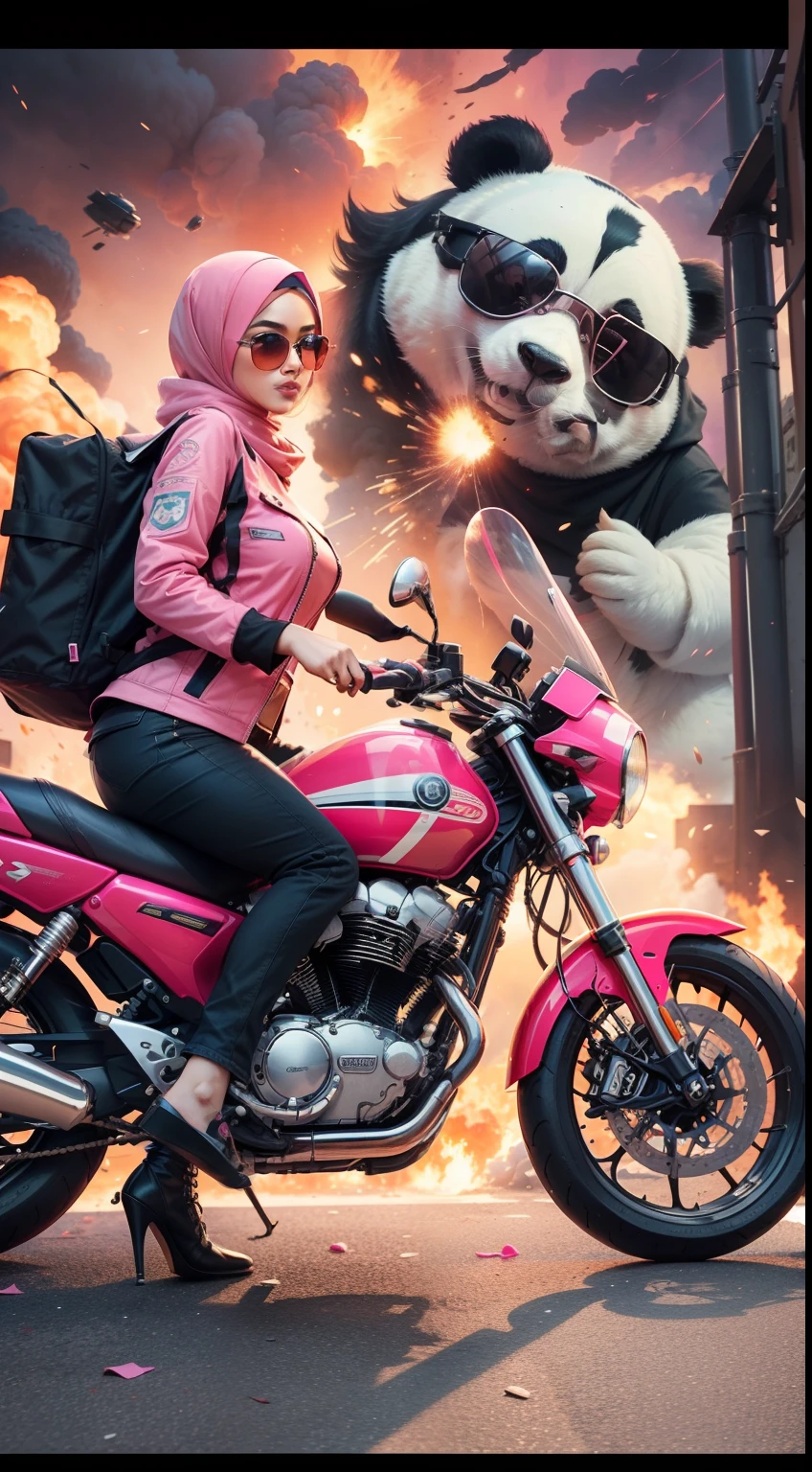 Slim and Medium breasted malay woman in hijab with pink jacket, pink food delivery motorcycle, foodpanda delivery, panda emblem at delivery box, pink delivery box, sunglasses, sci-fi, with gun, explosions behind, lot of explosion, dramatic scene, movie poster,