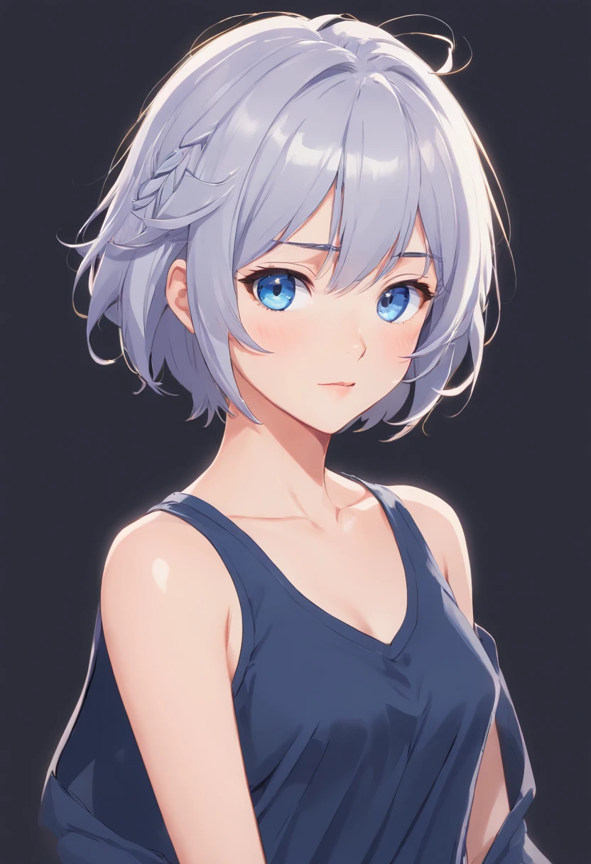 White background, short detailed hair，[Simple background],Masterpiece, A girl, Composite cloth, arms at sides, [Upright], Virtual YouTuber, [[Blush]], concept-art, Solo, 1girll, Cowboy shot, full bodyesbian, view the viewer,  ,[[Barista]]、,Y-shirt on black background, Black background is thin, trouser,buttoning, Black clothes,,Extremely delicate and beautiful girl, anime screencaps, musculous,20 years old, Short hair,[[Wolf hair]]、 If the bangs are hair between the eyes, Black and silver hair, two tone color hair, Beautiful detailed hair, Beautiful face, deadpan, Clear eyes, Mouth closed、 Delicate hands, Blue eyes, white skinned, The beautiful