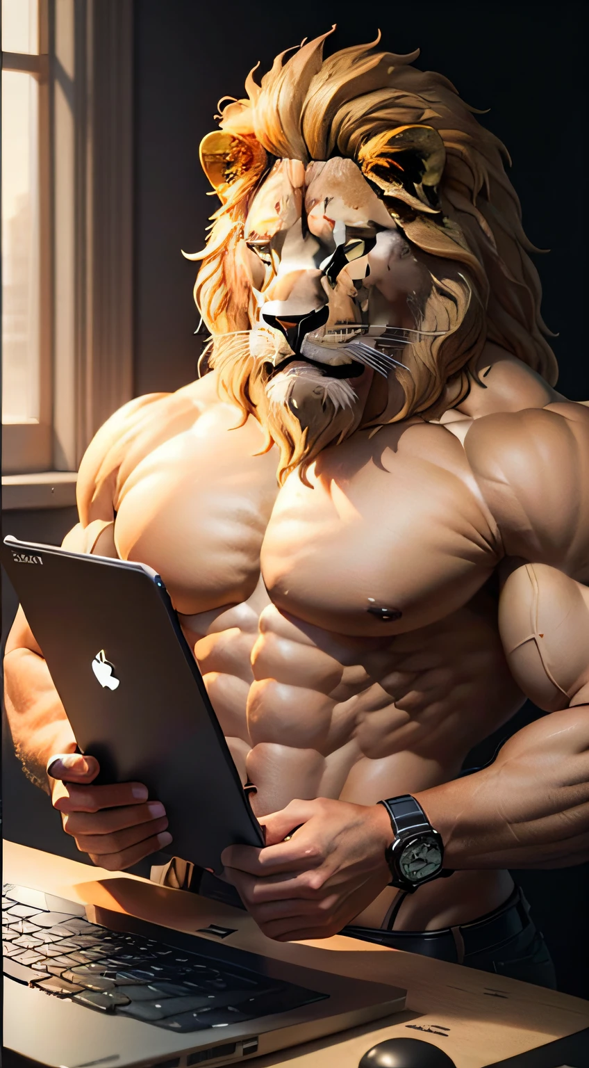 araffe figure of a lion with a muscular body and a lion's head, having computer in one hand with screen on the photo