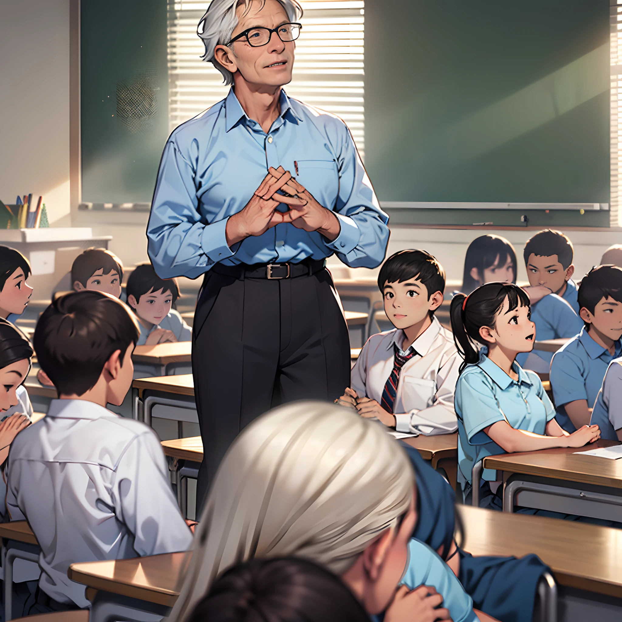 In the classroom of the school,((A teacher stands behind the podium)),(An older teacher:1.2),(The face is delicate),(Prominent lines),The classrooms are bright and tidy,Sunlight shines in through the windows,((The students raised their hands enthusiastically)),tmasterpiece,Highest quality,Highest resolution,high detal