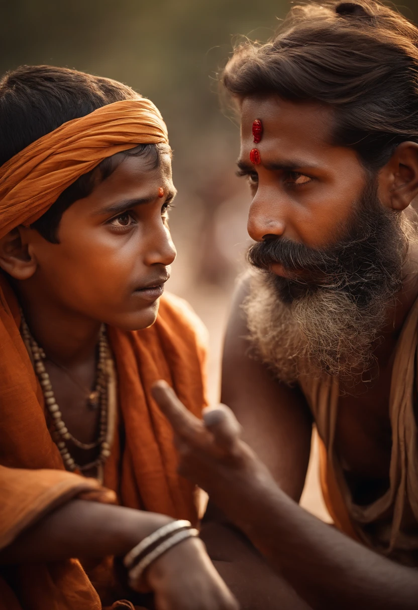 A young Indian  handsome boy with beard shocked expression , sitting near an Indian sadhu who is telling the boy something  , near ghats of varanasi