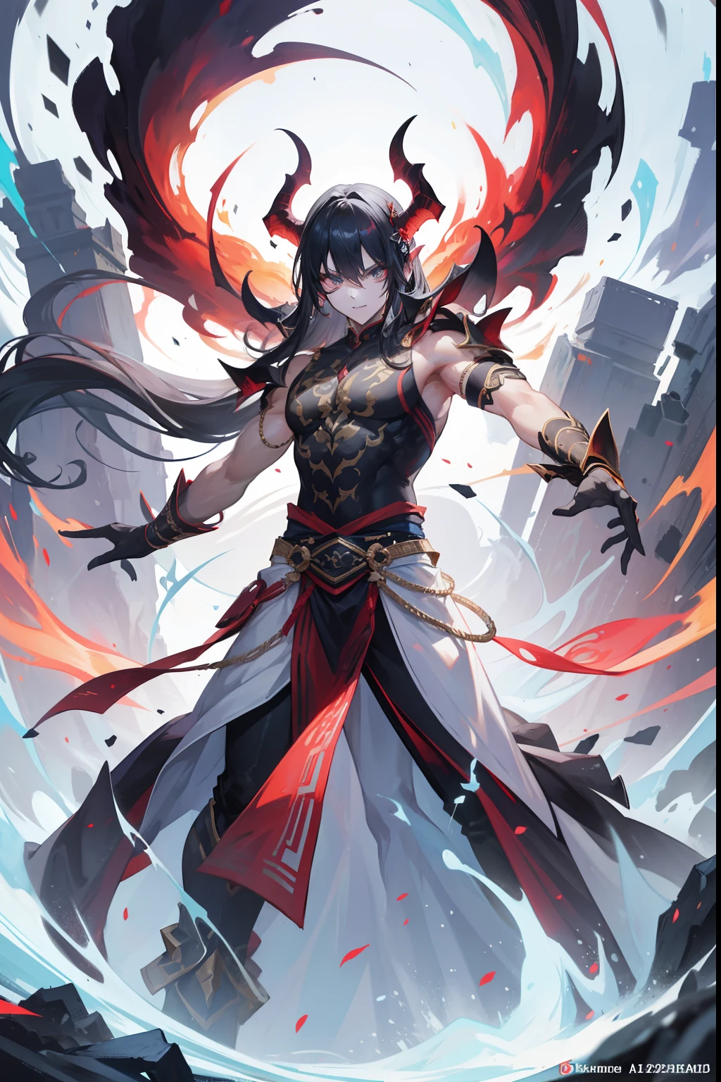 (masterpiece), best quality, expressive eyes, perfect face, sharp horns, ((humanoid)), human, (human form) , mystical creature , spirit, majestic nature, magic, aura, wuxia, transcending lights, full body (Highly detailed eyes), god, man, handsome, 22 years old, beautiful hands, ridges on horns, crazy smile, crazy eyes, menacing, insane, chaos incorporate, muscular face
