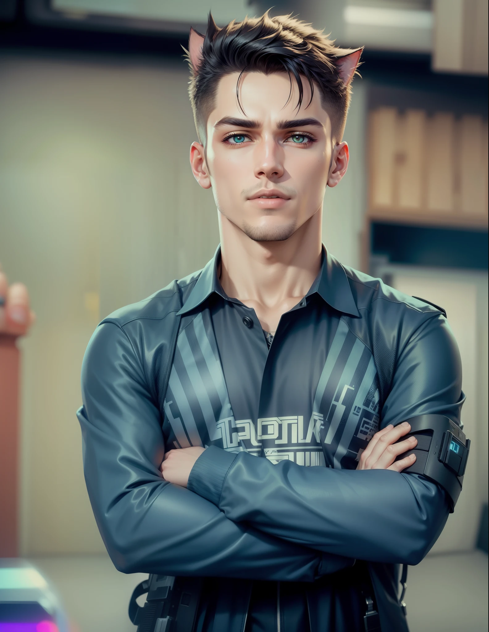 Change cyberpunk handsome boy ultra realistic with cat