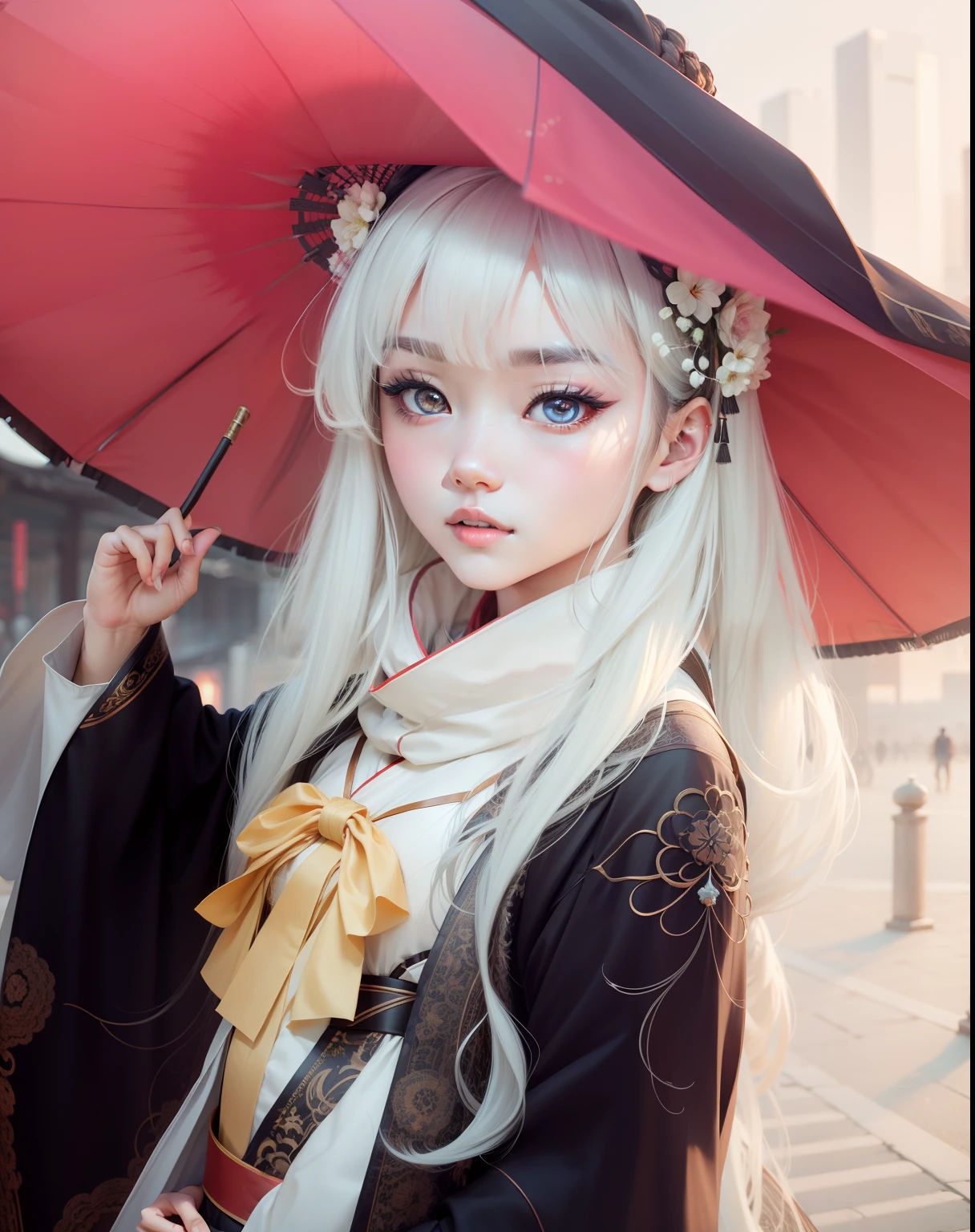 1girl,full body,extremely detailed face, beautiful detailed eyes,light on face,cinematic lighting,looking at viewer,outdoors,Black hair,(balck Chinese architecture:0.05),hanfu,