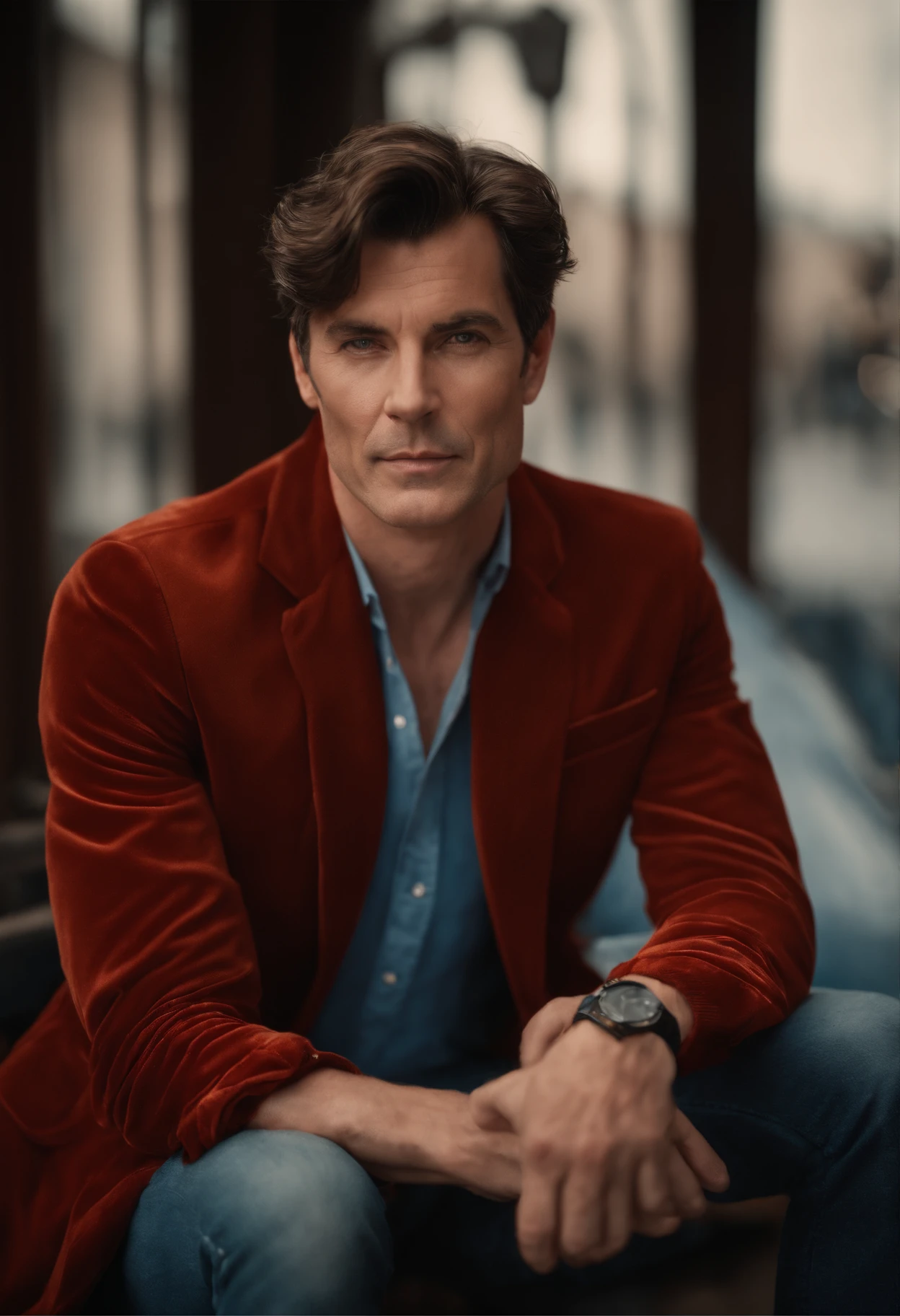 A handsom man in red, the style of patrick demarchelier. wearing a red velvet jacket and blue jeans , Tall and fit, (40 years old:1.1), (shaven:1.2), (short brown wave hair:1.5),(very short hair:1.6). in the style of ethereal beauty, realistic blue skies, hasselblad 1600f, hyper-realistic portraiture, bold colors, dynamic lines, smooth and polished .
