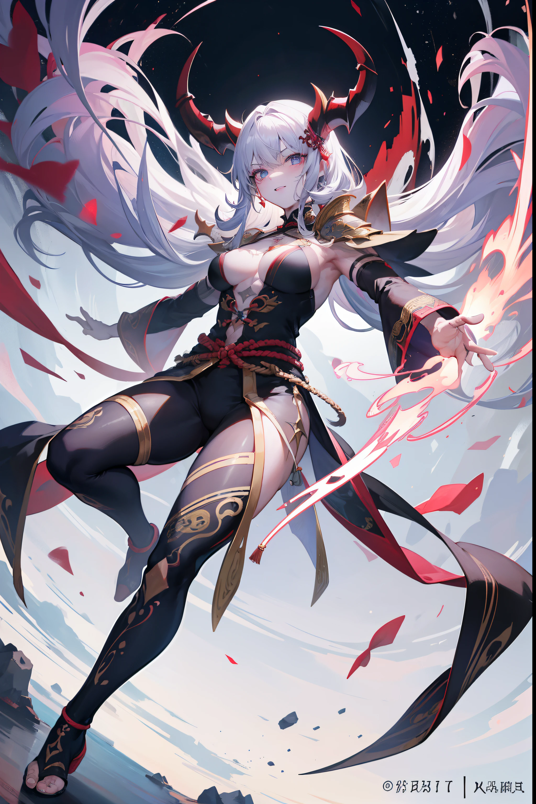 (masterpiece), best quality, expressive eyes, perfect face, sharp horns, ((humanoid)), human, (human form) , mystical creature , spirit, majestic nature, magic, aura, wuxia, transcending lights, full body (Highly detailed eyes), god, man, handsome, 22 years old, beautiful hands, ridges on horns, crazy smile, crazy eyes, menacing, insane, chaos incorporate, muscular face