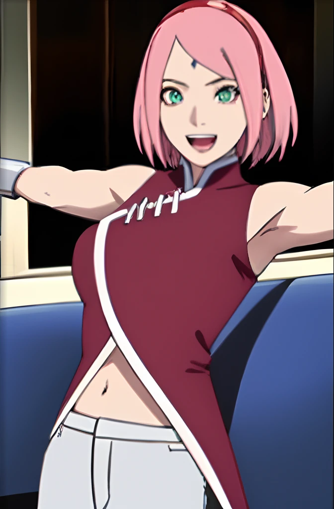 masterpiece, 4k, portrait, cowboy shot, (night), professional artwork, intricate details, colorful, digital blending, (ultra detailed body, ultra detail hair, ultra detail face), trending on pixiv, kind smile, best quality, anime style: 1.9, 1girl, hires, haruno sakura, (forehead mark, milf, red hairband, pale skin, (small breasts), short hair, ((red sleeveless dress,), white pants), ((navel, belly button), slender body, slender belly, bracelet, pink hair, open mouth, big eyes), smile, beach, wind, floating hair, detailed arms, off-shoulders, broad shoulders, (((both) hands spreading to both sides, (symmetrical arms))), fancy couch, relaxing, laying, talking, looking at the viewer)))