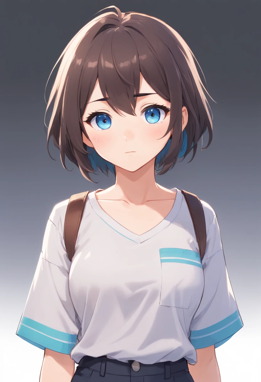 White background, chibi，short detailed hair，[Simple background],Masterpiece, A girl, Composite cloth, arms at sides, [Upright], Virtual YouTuber, [[Blush]], concept-art, Solo, 1girll, Cowboy shot, full bodyesbian, view the viewer, ,[[Barista]]、,Y-shirt on black background, Black background is thin, trouser,buttoning, Black clothes,,Extremely delicate and beautiful girl, anime screencaps, musculous,20 years old, Short hair,[[Wolf hair]]、 If the bangs are hair between the eyes, Black and silver hair, two tone color hair, Beautiful detailed hair, Beautiful face, deadpan, Clear eyes,  Delicate hands, Blue eyes, white skinned, The beautiful