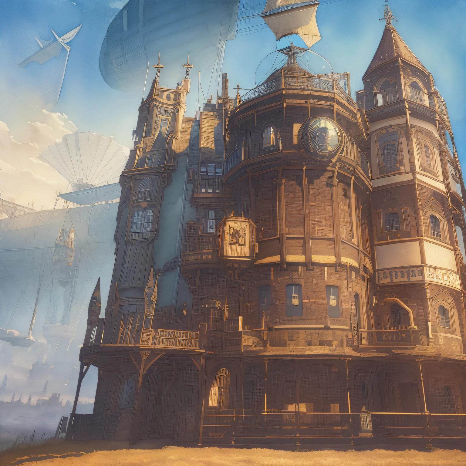 best light,Amazing,dream,((((detailed Steampunk)))),((Victorian era)),sunny,((clear sky)),(depth of field),Hopeful,((sketch)),((((Jiburi)))),((bright color)),(((flat color))),grand space,(((watercolor_(medium)))),(((ink))),(((masterpiece))),((extremely detailed CG unity 8k wallpaper)),((ultra-detailed)),(hometown),((man)),((chromatic aberration)),beautiful blue sky and white clouds, cinematic lighting,((caustic)),((((Floating airship above)))),((many gentlemen)),((Bird Mouth Gas Mask)),(Pocket watch),romanticism,(Science and Mysticism),((Gentleman's high hat)),((Leather riding boots)),(Leather coat),((Windbreaker)),((Motorcycle goggles)),(((Precision flight watch))),Mechanical arm,(((steam))),fantasy,(((gear))), (steam engine),Gothic architecture,wind,fog,Steam powered,(19th Century),machines,((lever drive)),steel,,rivet,(Heavy and slow),Grassland far away from the city,Utopia,The First Industrial Revolution,90s,steam whistle,Canvas wing,((Steam punk wings)),((windmill)),landspace,(hang glider),(Canvas propeller),Hot Air Balloon,Balloon,(Waving Flag),rope,Flying splashes,Dutch windmill,Gothic architecture,Close up focus,(Medieval manor),background,scenecy,kikai,(vapour),Wooden parts,magic,street
