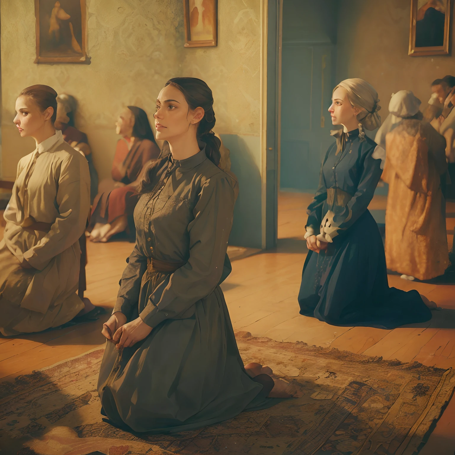 There are many women sitting on the floor of a room, inspirado em Vasily Perov, kramskoi 4 mil, em uma igreja. arstation, Senhorita Aniela, Vitoriano, ainda do filme, slav epic, Directed by: Miroslava Sviridova, Directed by: Emma Andijewska, cena do filme