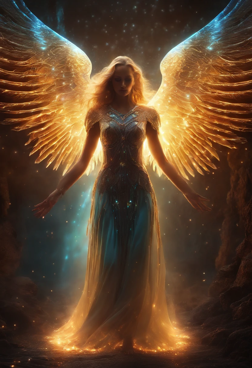 Cosmic Fallen Angel, glowing light eyes, Biomechanical, eerie, Creepy, nightmarish, Very bright colors, Light particles, with light glowing, Mshiff, wallpaper art, UHD wallpaper