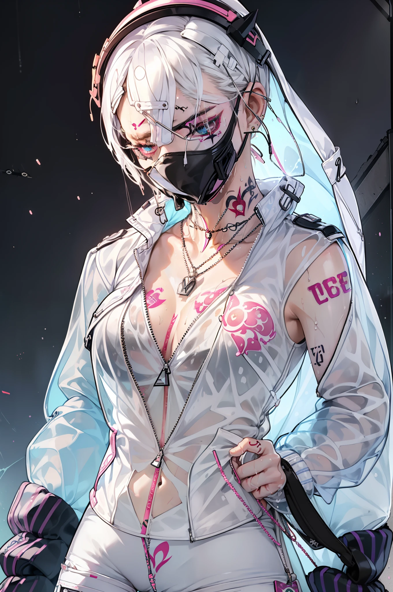 female gamer, ((wet thin white shirt, opened zip fashion wind breaker, hot pants, glasses, earring, necklace, blet, face mask, earphone, cute collar, bitch tattoo on body 1:3)), (idol charming aura, blur effect, bubble effect, black glowing pupil, arcade style make up, petite, blushing face, angry face, blonde color hair), (masterpieces, extreme body detail, high resolution, original character, best anime 16k wallpaper quality), club bar background, full body shot