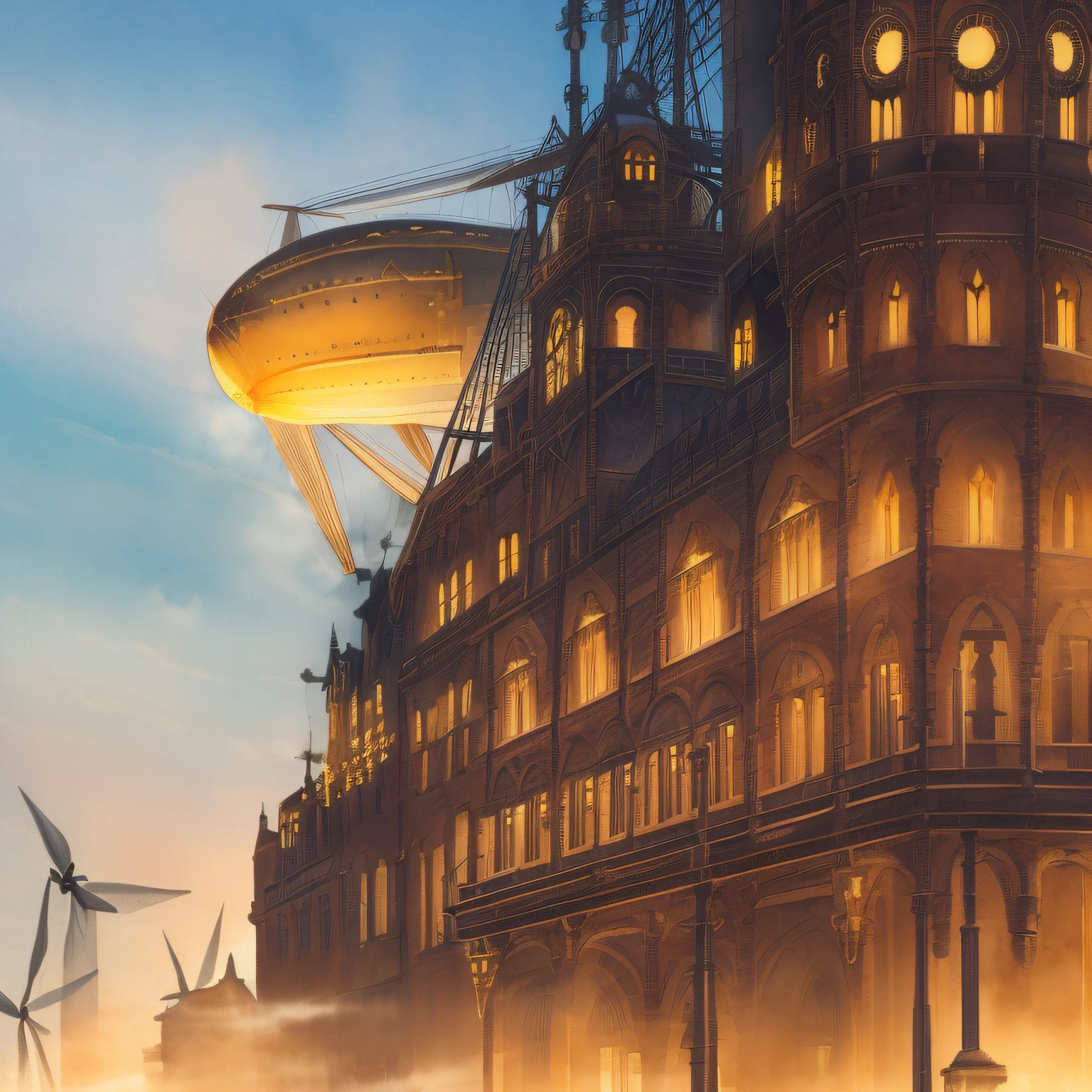 best light,Amazing,dream,((((detailed Steampunk)))),((Victorian era)),sunny,((clear sky)),(depth of field),Hopeful,((sketch)),((((Jiburi)))),((bright color)),(((flat color))),grand space,(((watercolor_(medium)))),(((ink))),(((masterpiece))),((extremely detailed CG unity 8k wallpaper)),((ultra-detailed)),(hometown),((man)),((chromatic aberration)),beautiful blue sky and white clouds, cinematic lighting,((caustic)),((((Floating airship above)))),((many gentlemen)),((Bird Mouth Gas Mask)),(Pocket watch),romanticism,(Science and Mysticism),((Gentleman's high hat)),((Leather riding boots)),(Leather coat),((Windbreaker)),((Motorcycle goggles)),(((Precision flight watch))),Mechanical arm,(((steam))),fantasy,(((gear))), (steam engine),Gothic architecture,wind,fog,Steam powered,(19th Century),machines,((lever drive)),steel,,rivet,(Heavy and slow),Grassland far away from the city,Utopia,The First Industrial Revolution,90s,steam whistle,Canvas wing,((Steam punk wings)),((windmill)),landspace,(hang glider),(Canvas propeller),Hot Air Balloon,Balloon,(Waving Flag),rope,Flying splashes,Dutch windmill,Gothic architecture,Close up focus,(Medieval manor),background,scenecy,kikai,(vapour),Wooden parts,magic,street