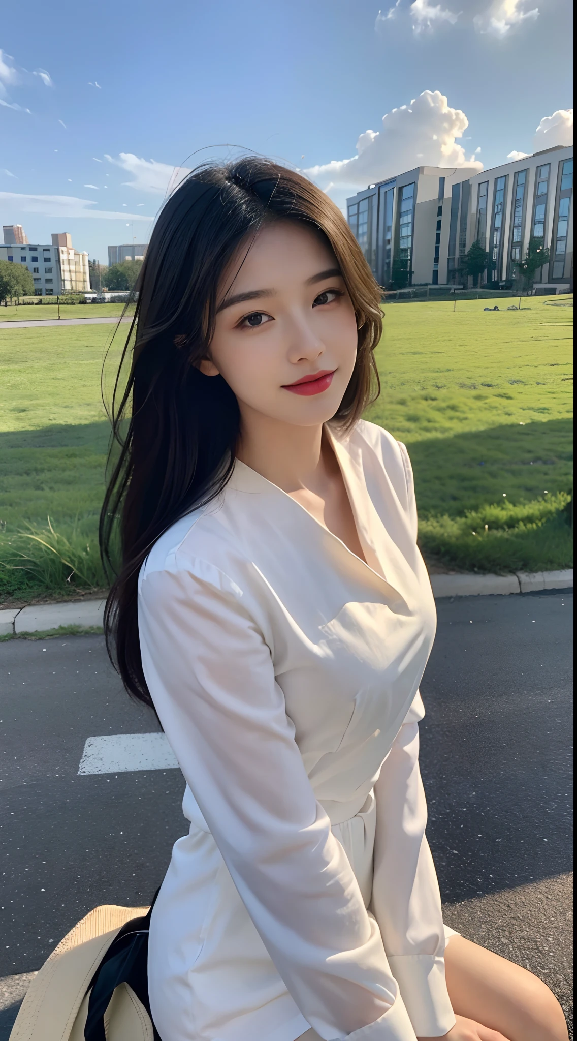 ((Best Quality, 8K, Masterpiece:1.3)), A beautiful girl, pure, melon face, gentle and cute, sweet smile, pure desire, thin figure, (frontal), (tilted head), looking directly at the camera, uniform, obi, formal, black silky long straight hair, long hair flowing over the shoulders, round black big eyes, clear big eyes, moist red lips, sweet, sitting on the side of the road, blue sky and white clouds, grass, buildings,