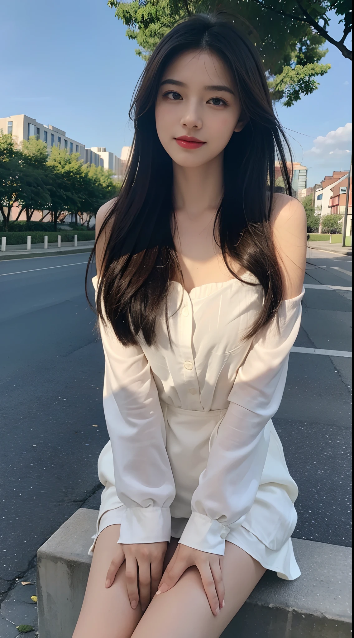 ((Best Quality, 8K, Masterpiece:1.3)), A beautiful girl, pure, melon face, gentle and cute, sweet smile, pure desire, thin figure, (frontal), (tilted head), looking directly at the camera, uniform, obi, formal, black silky long straight hair, long hair flowing over the shoulders, round black big eyes, clear big eyes, moist red lips, sweet, sitting on the side of the road, blue sky and white clouds, grass, buildings,