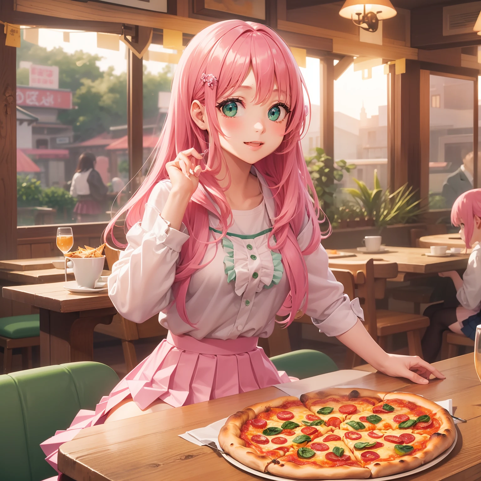 beautiful illustration、 top-quality、 , restaurant、 A pink-haired、 length hair、 (((Pink pleated skirt)))、 shortsleeves、 huge tit、 Flipping up the skirt with your hands、 Show white panties、 Pull up your skirt and show your panties、 bare-legged、 green eyess、 sharp eyes, sexy smile, behind a wood table, eating Pizza. Trying to tease the viewers. lovely thighs、 glowing thigh