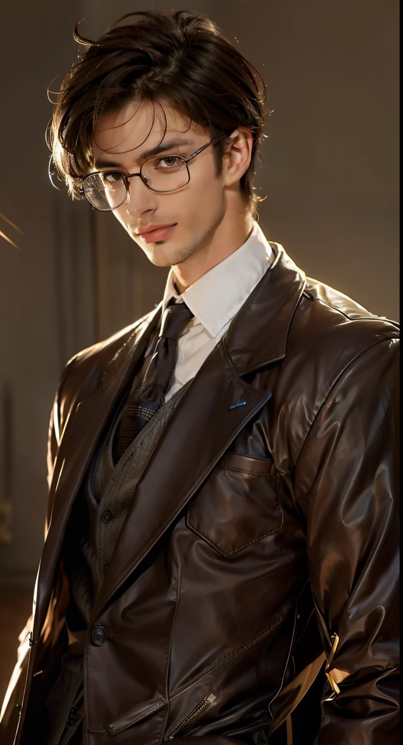Tall man, brunette, brown eyes, wearing glasses, handsome, attractive, confident, European