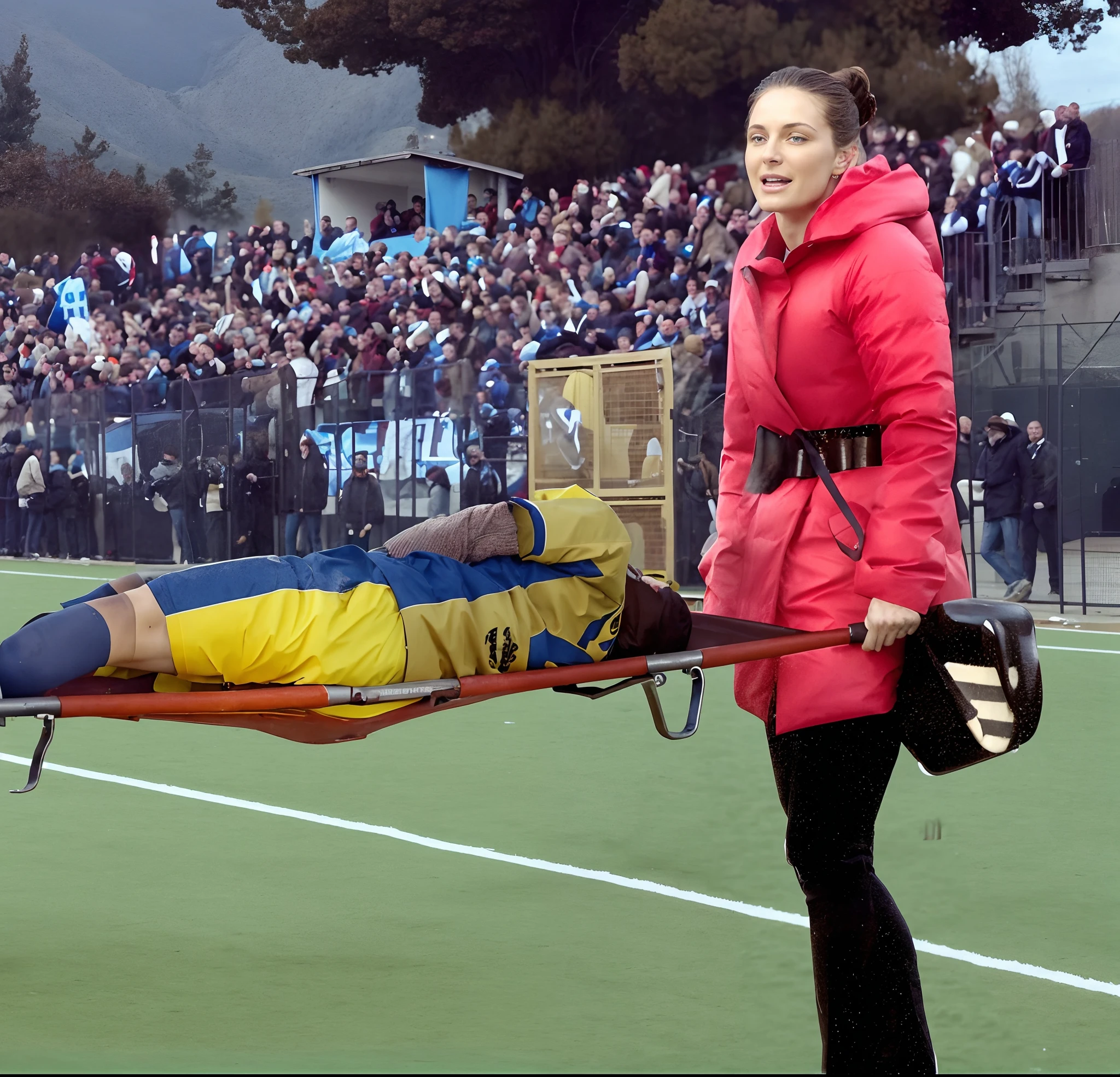 a soccer scene in a sports stadium, cool and wet weather conditions, humide ground, rainy sky, injury scene in a sports stadium, stretcher carry, there are four female medics carrying a stretcher, there are four female medics in very shiny coats who are carrying a stretcher in a sports stadium, there is a wounded male soccer player in a matte short cotton sports outfit lying on the stretcher, an injured male soccer player in matte cotton sportswear is lying in pain on a stretcher, a soccer player in matte cotton sports clothes is rearing up in intense pain while lying on a stretcher, dramatic scene, theatralic posing scene, dramatic pity scene, injury soccer, first aid, help, pity, there are four female medics in wetlook high-shine coats who are looking very sad and very terrified and very shocked, the injured soccer player is screaming out in pain while he is carried from the pitch on a stretcher