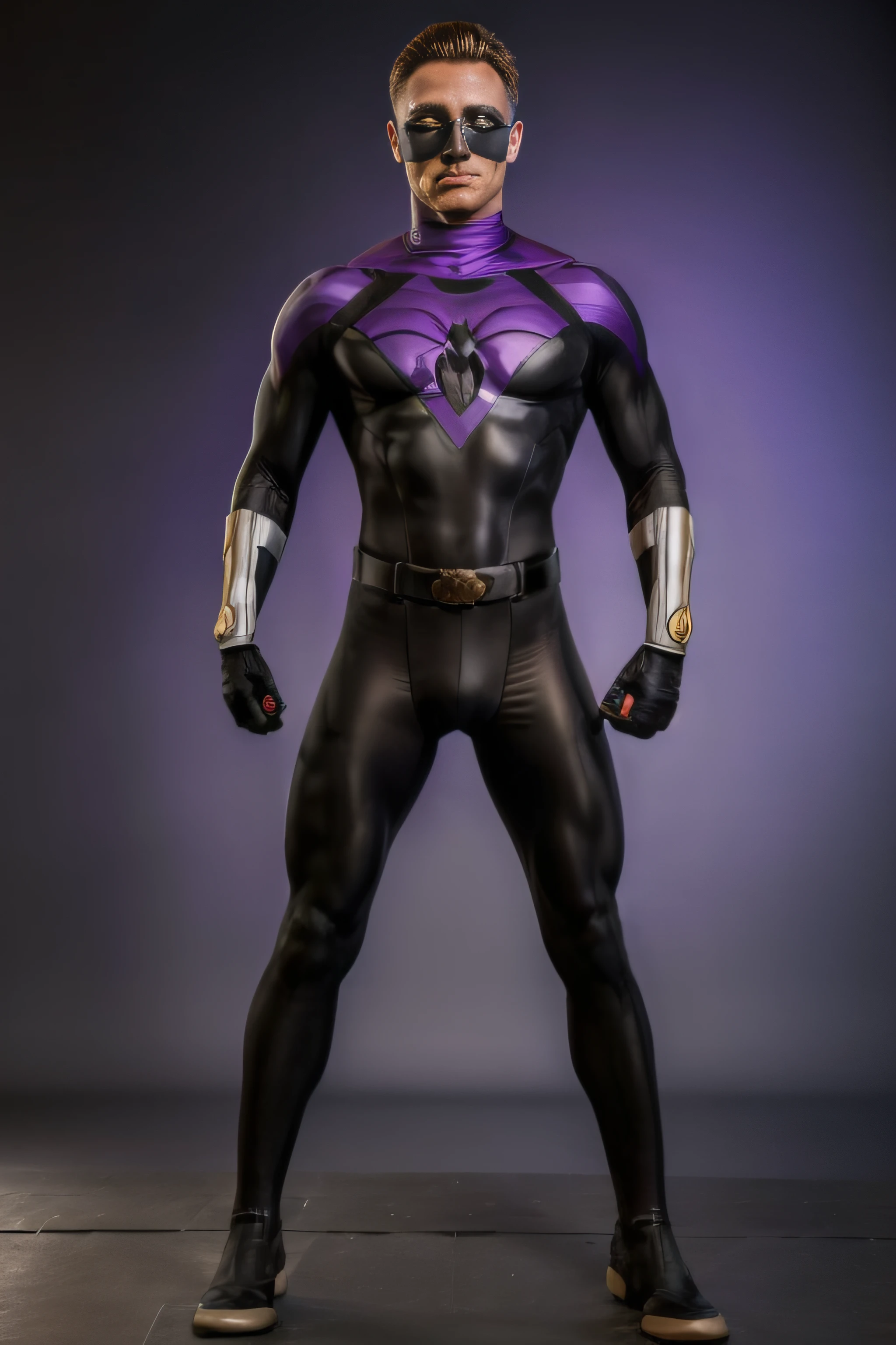 full body image, extremely muscular 20-year-old Kent Walker wearing a small, black, bandit eye mask, a skintight, formfitting purple silk cowl, black and blue striped shorts over a skintight, formfitting, purple, silk, full bodysuit, a black utility belt with a metal, skull shaped, belt buckle, and black knee-high boots, 32k UHD, Hyper realistic, photorealistic, realistic, lifelike, real life, professional quality, highly detailed, colorful, starlight, oil painting on canvas,