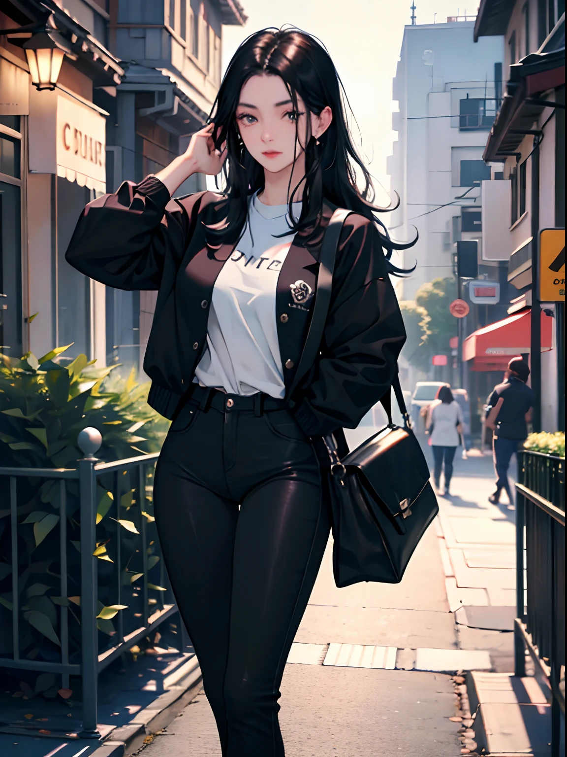 young woman 25 years old: 1.3, long black hair: 1.2, casual wear: 1.2, daytime: 1.2, on the street: 1.2, movie lighting, Surrealism, ultra high definition, precise, Super details, textured skin, high detail, best quality, 8K