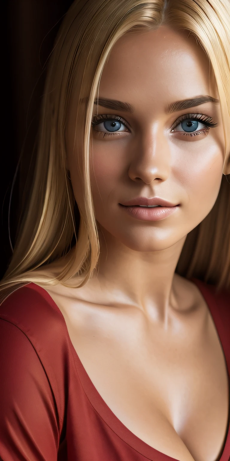 RAW photo, portrait of a beautiful blonde woman wearing a red shirt (high detailed skin:1.2), 8k uhd, dslr, soft lighting, high quality, film grain, Fujifilm XT3
