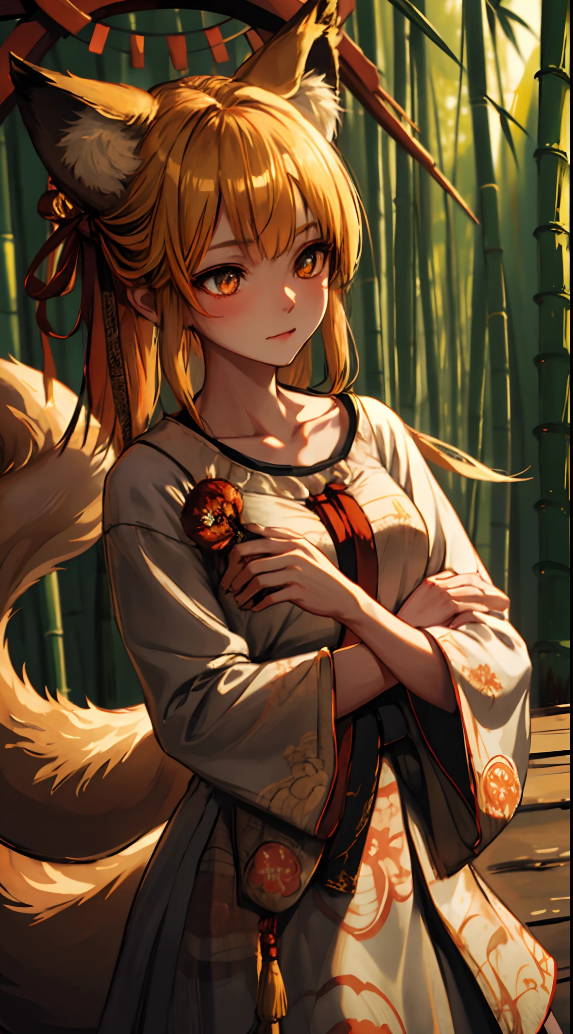 1 girl, upper body, single focus, ethereal beauty, fox spirit attire, bewitching eyes, (kitsune mask: 1.4), (enchanting forest: 1.3), fox-like charm, mystical aura, [depth of field, ambient lighting, misty forest foreground, mystical forest background], enchanted woods, mischievous spirits, flickering foxfire, (bamboo grove), (torii gate: 1.2), intricate details, enhanced lighting.