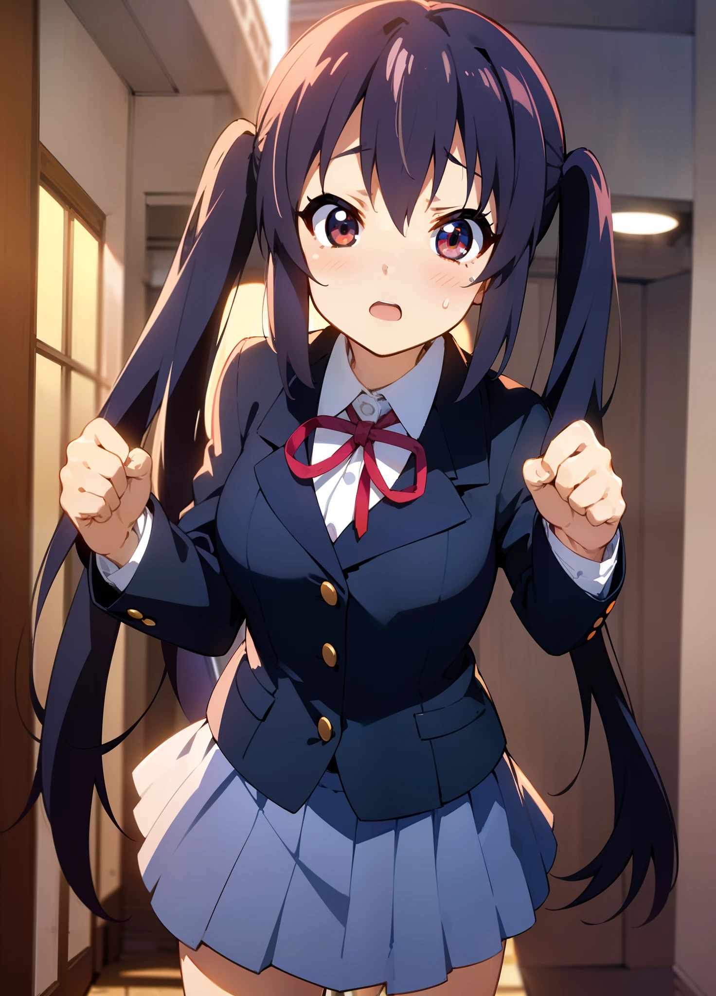 1girl, (((masterpiece))), highest quality, best quality, high detail, nakano azusa, 1girl, sakuragaoka high school uniform, school uniform, twintails, long hair, black hair, brown eyes, solo, red , a navy blue blazer with red narrow ribbon, a solid white buttoned shirt under the blazer, illustration, cartoon, soothing tones, calm colors, soft cinematic light, adobe lightroom, photolab, hdr, intricate, highly detailed, ((((depth of field)))). (((takeout))).dynamic focus.((big breasts)).(((Skyscrapers))).(((A city scape))).(((Face of sadness))). open mouth.(((fighting stance))).(((up chest))).((evening glow)).((the setting sun)).
