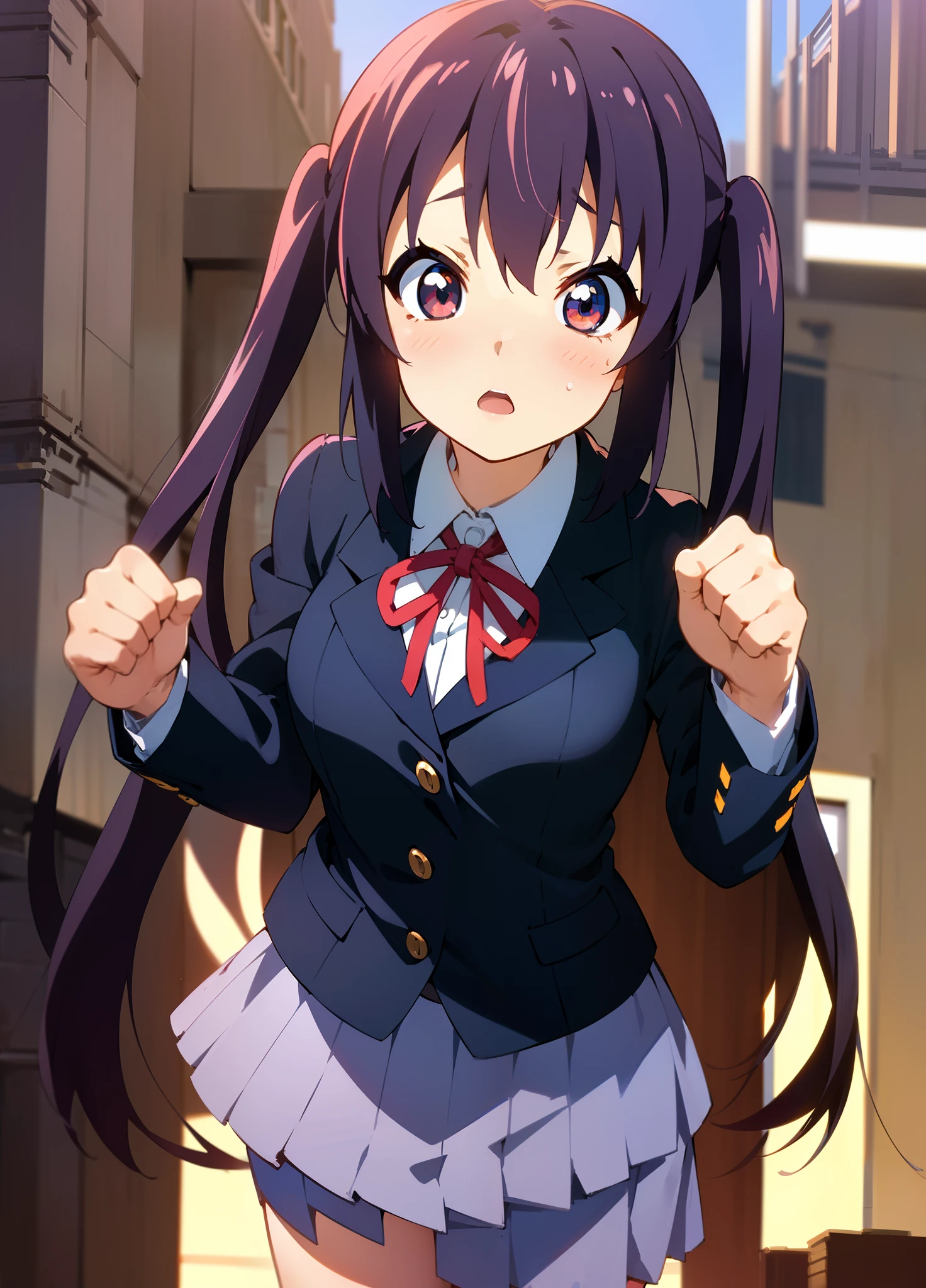 1girl, (((masterpiece))), highest quality, best quality, high detail, nakano azusa, 1girl, sakuragaoka high school uniform, school uniform, twintails, long hair, black hair, brown eyes, solo, red , a navy blue blazer with red narrow ribbon, a solid white buttoned shirt under the blazer, illustration, cartoon, soothing tones, calm colors, soft cinematic light, adobe lightroom, photolab, hdr, intricate, highly detailed, ((((depth of field)))). (((takeout))).dynamic focus.((big breasts)).(((Skyscrapers))).(((A city scape))).(((Face of sadness))). open mouth.(((fighting stance))).(((up chest))).((evening glow)).((the setting sun)).