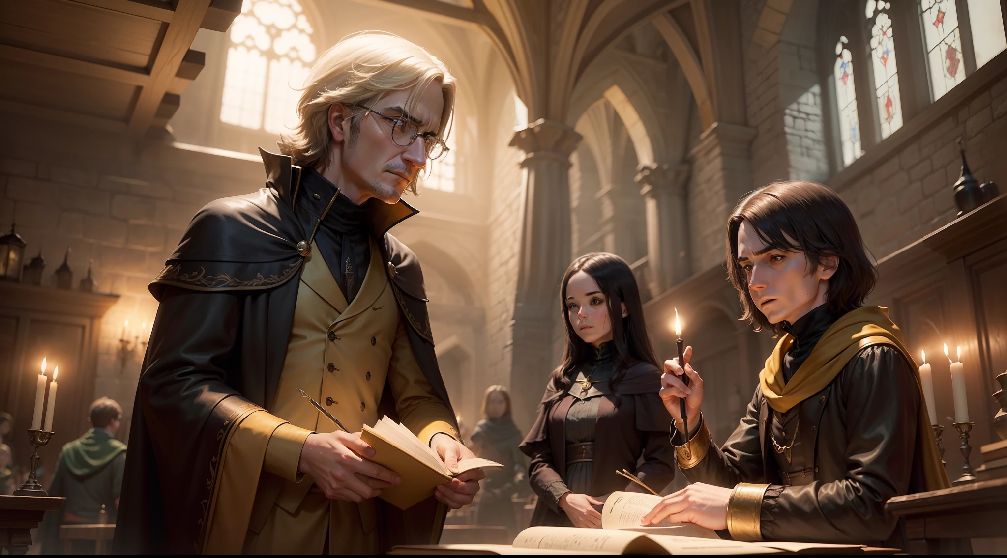 Professor Snape teaches and young students, de la Maison de Poudlard Huffelpuff, Long manteau jaune, Golden badger necklace around the neck. in a potion room at Hogwarts Castle in the background, tient un feu jaune dans sa main. (la salle est pleine de chaudron fumant) in background, le professeur Rogue regarde (An expression of emotion). Dark atmosphere of a classroom in a castle.