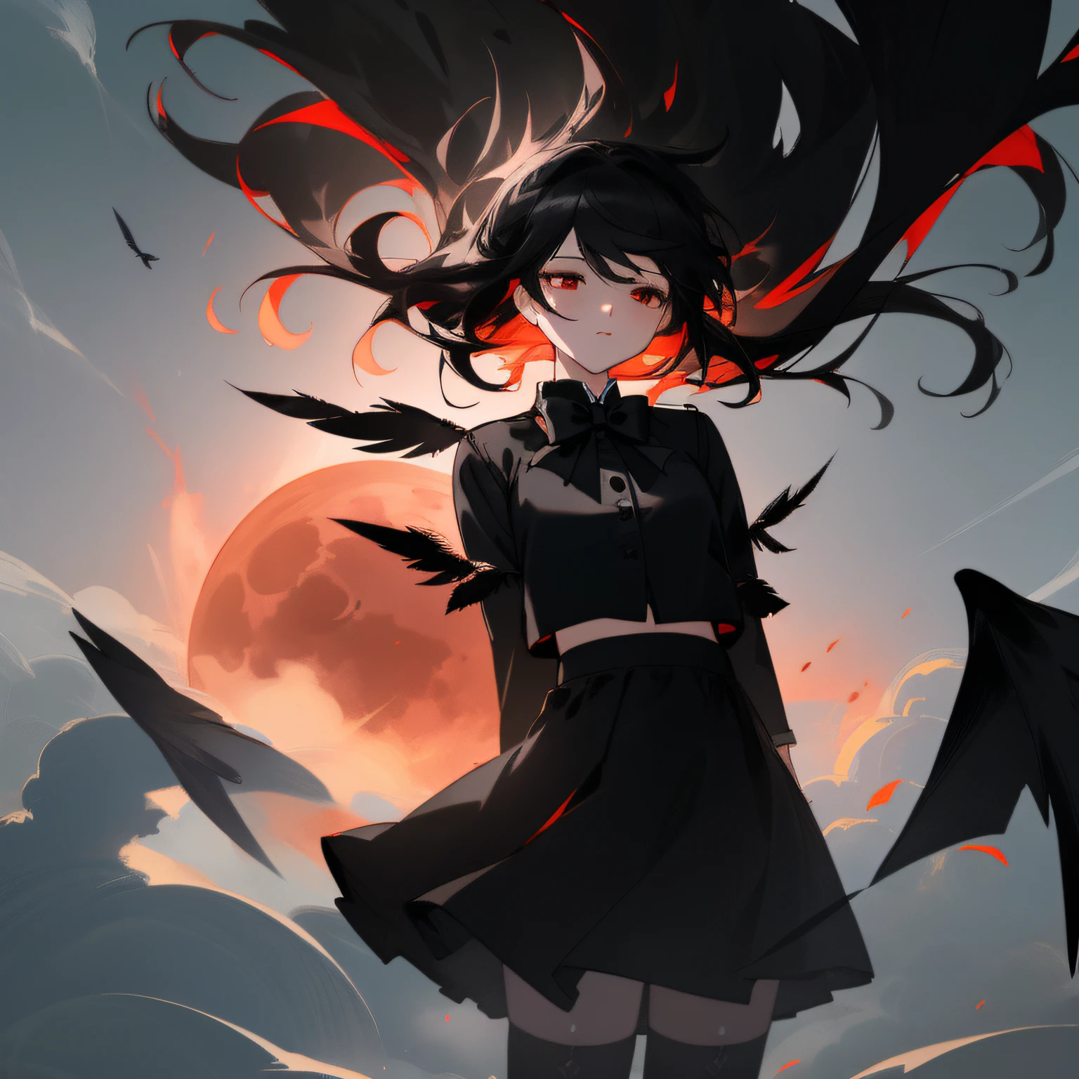 (((masterpiece))),best quality, extremely detailed CG unity 8k, illustration, contour deepening beautiful detailed glow,(beautiful detailed eyes), (1 girl:1.1), ((Bana)), large top sleeves, Floating black ashes, Beautiful and detailed black, red moon, ((The black clouds)), (black Wings) , a black cloudy sky, burning, black dress, (beautiful detailed eyes), black expressionless, beautiful detailed white gloves, (crow), bat, (floating black cloud:1.5),white and black hair, disheveled hair, long bangs, hairs between eyes, black knee-highs, black ribbon, white bowties, midriff,{{{half closed eyes}}},((Black fog)), Red eyes, (black smoke), complex pattern, ((Black feathers floating in the air)), (((arms behind back)))